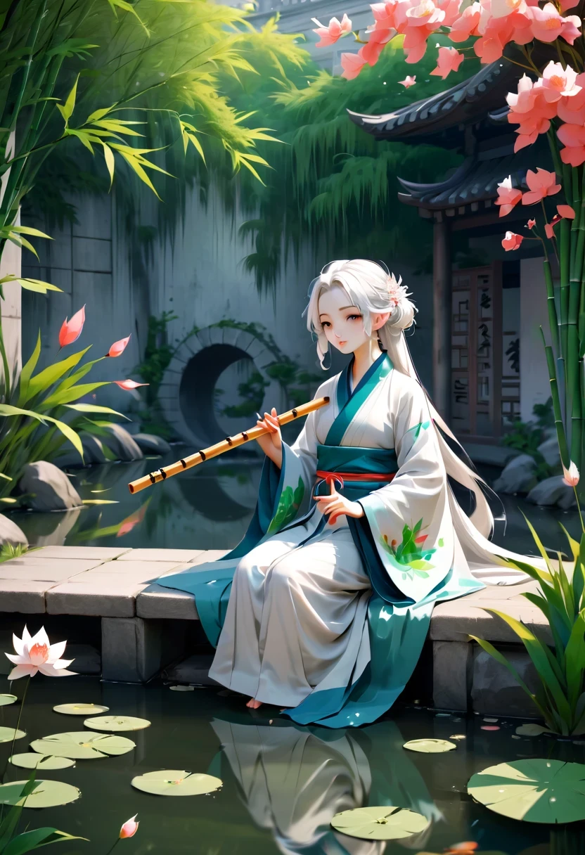 Graffiti漫画,Graffiti, wall, whole picture, High resolution and high contrast,simple,two-dimensional, Ancient, spring garden, outdoor, white hair, Hanfu, nature, There is a pool in the center of the courtyard, Begonia floating in the pond, Girl sitting on the bench in the corridor, Wearing a transparent feather robe, holding bamboo flute, casual body posture, intricate details, best quality, Ray tracing, rendering, 8k, masterpiece