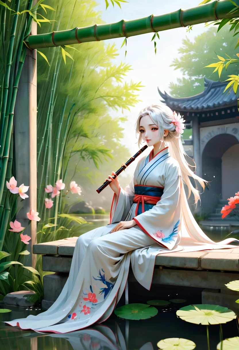 Graffiti漫画,Graffiti, wall, whole picture, High resolution and high contrast,simple,two-dimensional, Ancient, spring garden, outdoor, white hair, Hanfu, nature, There is a pool in the center of the courtyard, Begonia floating in the pond, Girl sitting on the bench in the corridor, Wearing a transparent feather robe, holding bamboo flute, casual body posture, intricate details, best quality, Ray tracing, rendering, 8k, masterpiece