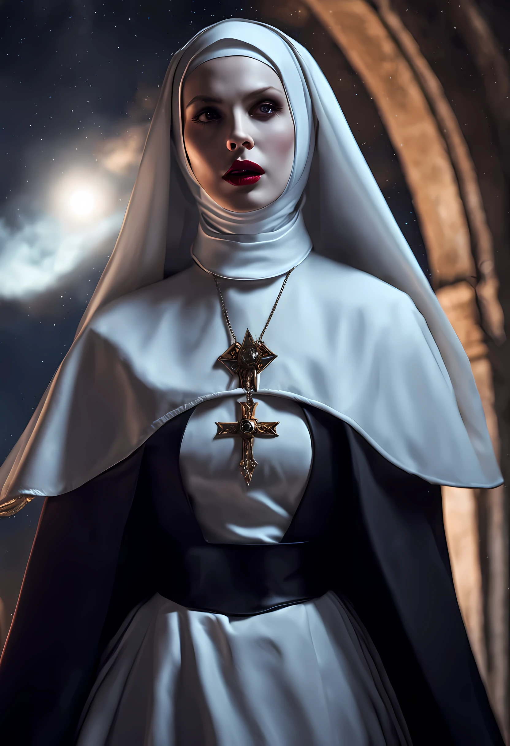 a picture of an exquisite beautiful female action shot (nun: 1.3) vampire standing under the starry night sky on the porch of her monastary, dynamic angle (ultra detailed, Masterpiece, best quality), ultra detailed face (ultra detailed, Masterpiece, best quality), ultra feminine, (pale skin: 1.3), red hair, wavy hair, dynamic eyes color, cold eyes, glowing eyes, intense eyes, dark red lips, [fangs], wearing white nun habit (ultra detailed, Masterpiece, best quality), wearing blue cloak (ultra detailed, Masterpiece, best quality), long cloak, flowing cloak (ultra detailed, Masterpiece, best quality), wearing high heeled boots, sky full of stars background, moon, bats flying about, action shot, high details, best quality, 16k, [ultra detailed], masterpiece, best quality, (ultra detailed), full body, ultra wide shot, photorealism, dark fantasy art, dark fantasy art, gothic art, many stars, dark fantasy art, gothic art, sense of dread, bloodmagic