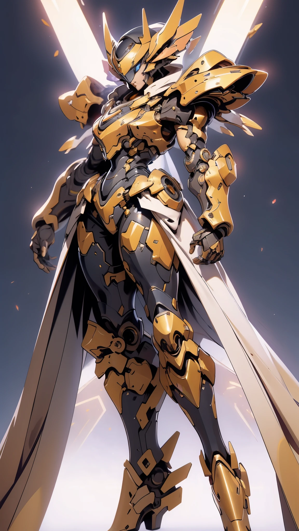 A woman adorned in fantasy-style full-body armor, a crown-concept fully enclosed helmet that unveils only her eyes, a composite layered chest plate, fully encompassing shoulder and hand guards, a lightweight waist armor, form-fitting shin guards, the overall design is heavy-duty yet flexible, ((the armor gleams with a golden glow, complemented by red and blue accents)), exhibiting a noble aura, she floats above a fantasy-surreal high-tech city, this character embodies a finely crafted fantasy-surreal style armored hero in anime style, exquisite and mature manga art style, (Queen bee mixed with Spider concept Armor, plasma, blood), ((Element, energy, elegant, goddess, femminine:1.5)), metallic, high definition, best quality, highres, ultra-detailed, ultra-fine painting, extremely delicate, professional, anatomically correct, symmetrical face, extremely detailed eyes and face, high quality eyes, creativity, RAW photo, UHD, 32k, Natural light, cinematic lighting, masterpiece-anatomy-perfect, masterpiece:1.5