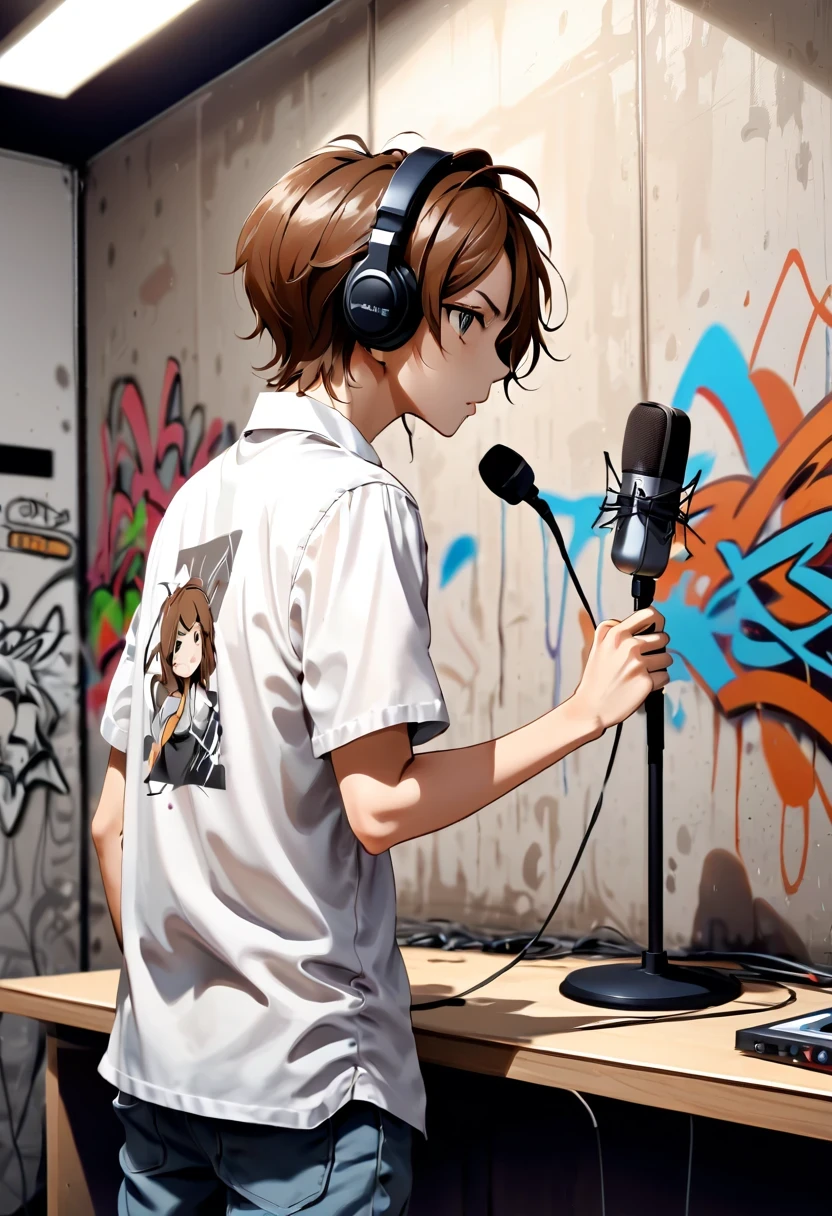 Graffiti漫画，Graffiti, wall, whole picture, High resolution and high contrast,simple,masterpiece, best quality, super detailed, illustration,, Recording studio, alone, microphone, earphone, actual, brown hair, shirt, cable, white shirt, from behind, microphone, microphone stand,  