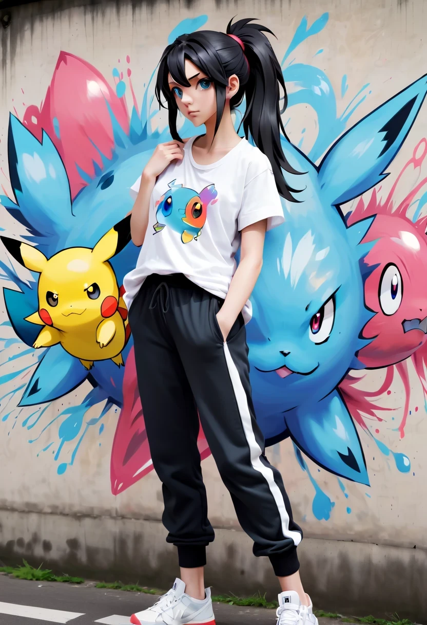 Graffiti漫画，Graffiti, wall, whole picture, High resolution and high contrast,simple,1 girl, alone, masterpiece, the best_quality, photo shoot, looking at camera, young adult gadwa, tired expression, Pokemon, Pokemon (game), game freak, Nintendo, (porcelain skin), blue eyes, (black hair), (messy ponytail), black cardigan, Loose T-shirt, black sweatpants, gen 3 Pokemon, Pokemon (biology), White skin, specific background, tilt