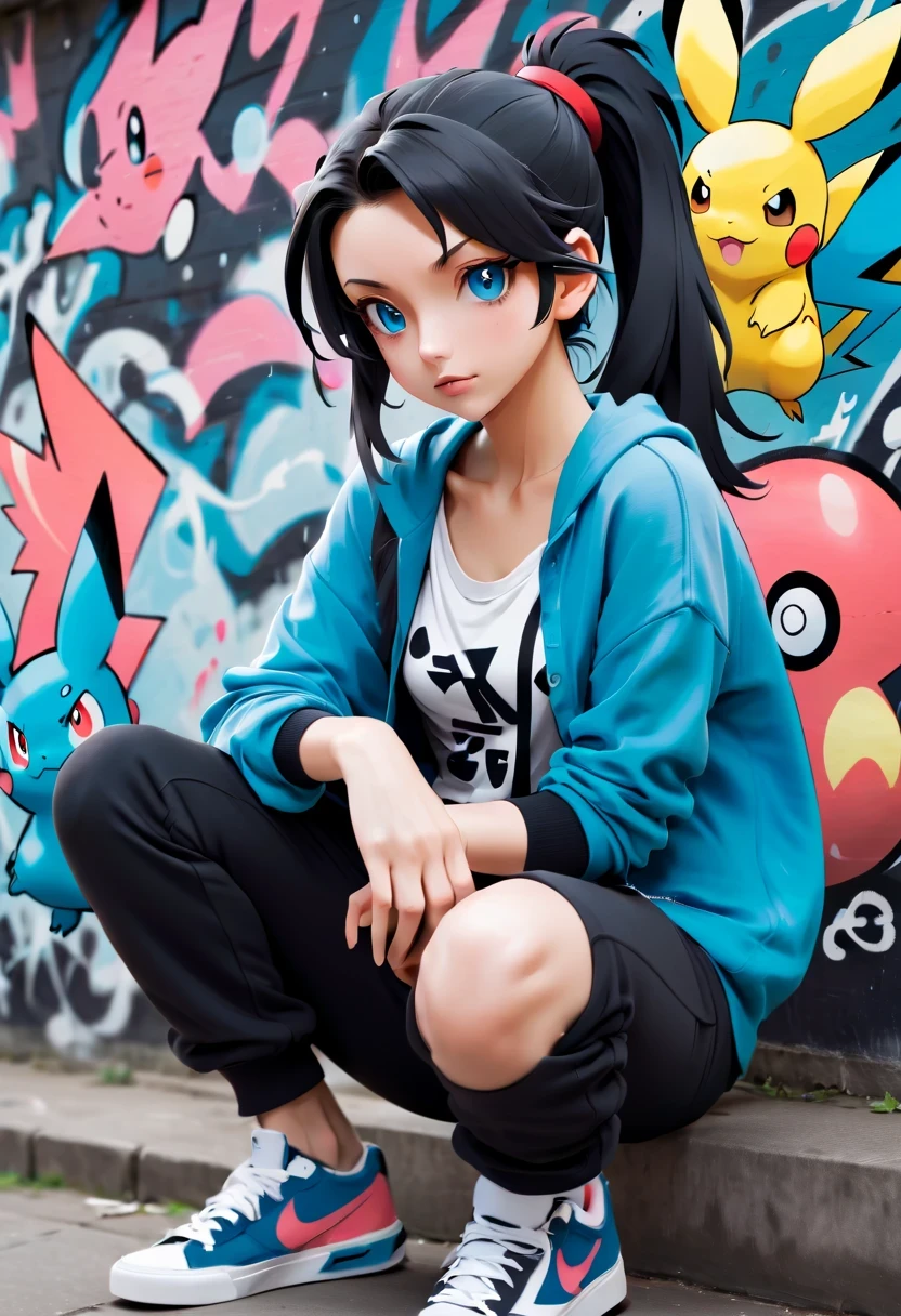 Graffiti漫画，Graffiti, wall, whole picture, High resolution and high contrast,simple,1 girl, alone, masterpiece, the best_quality, photo shoot, looking at camera, young adult gadwa, tired expression, Pokemon, Pokemon (game), game freak, Nintendo, (porcelain skin), blue eyes, (black hair), (messy ponytail), black cardigan, Loose T-shirt, black sweatpants, gen 3 Pokemon, Pokemon (biology), White skin, specific background, tilt