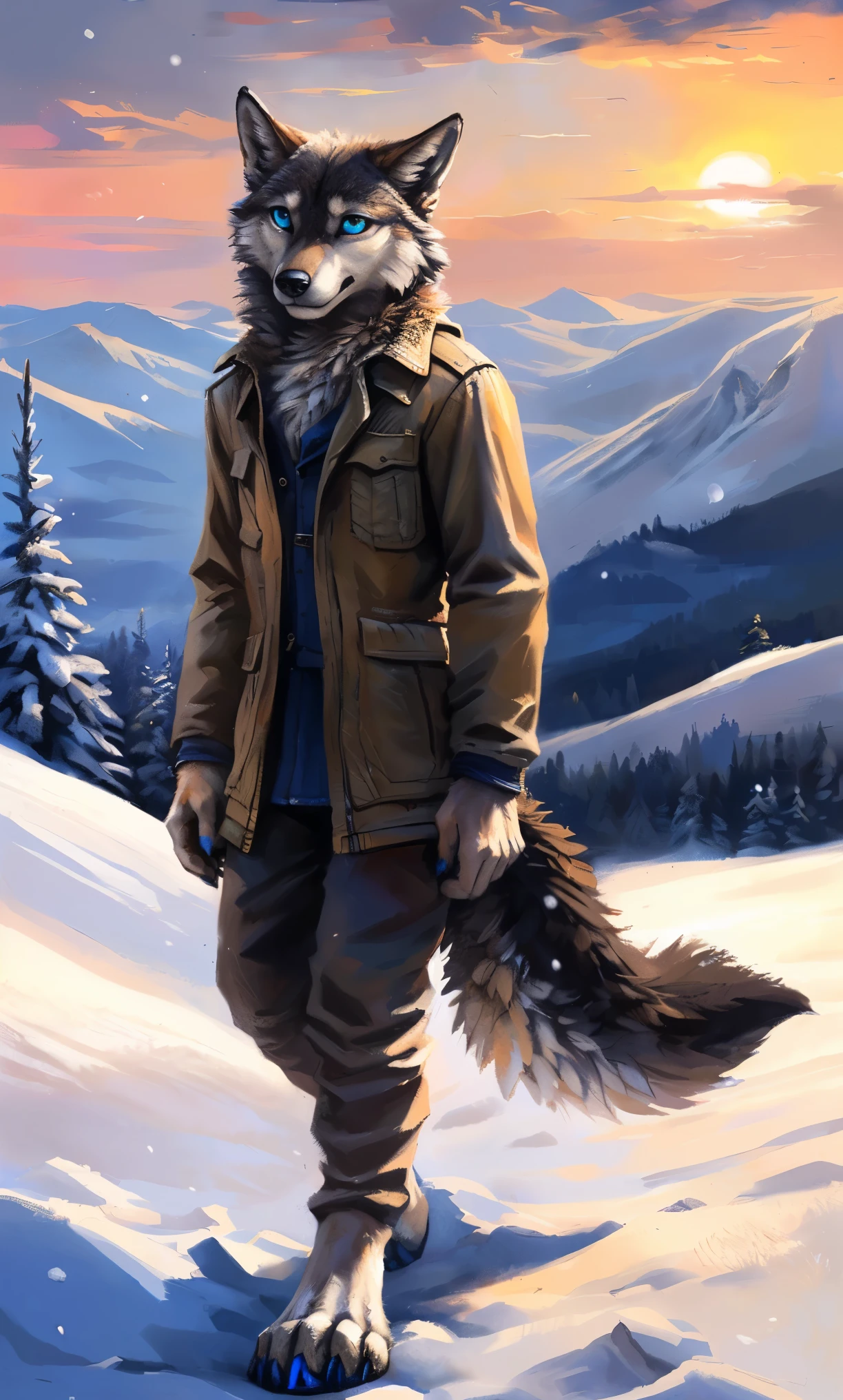 ((Solo)), male people, anthro wolf, (Multi-colored fur, White-brown:1.3,White tail pointed), (Height 2.1m,Tail length 1.2m), ((Wolf face, Big eyes, White eyelids, Blue pupil, Slim:1.2) (Tough, Calm expression:1.2)), Slim, pinging)), (Correct anatomy), (Winter clothing:1.1), The upper body naked, (detailed outfits),A long big tail,Feet,(Realistic fur, Detailed fur texture, labeled:1.3)), (Natural lighting), Photorealistic, Hyperrealistic, ultradetailed, by Kenket,Snowfield,erect through,Running on