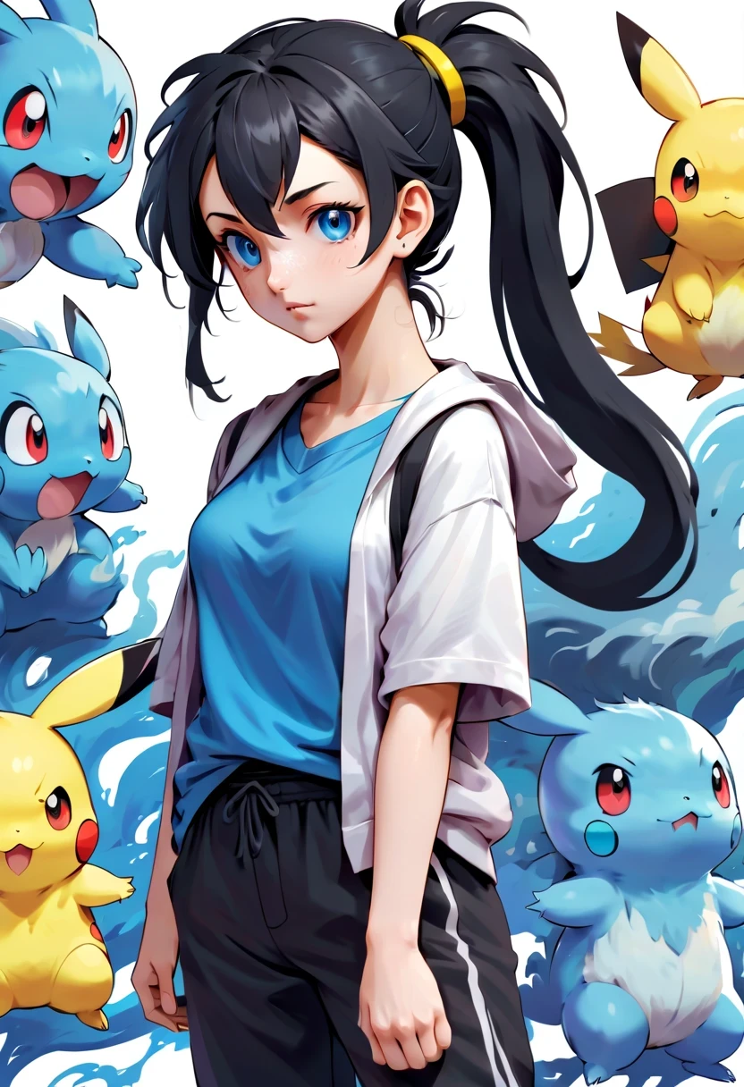 1 girl, alone, masterpiece, the best_quality, photo shoot, looking at camera, young adult gadwa, tired expression, Pokemon, Pokemon (game), game freak, Nintendo, (porcelain skin), blue eyes, (black hair), (messy ponytail), black cardigan, Loose T-shirt, black sweatpants, gen 3 Pokemon, Pokemon (biology), White skin, specific background, tilt
