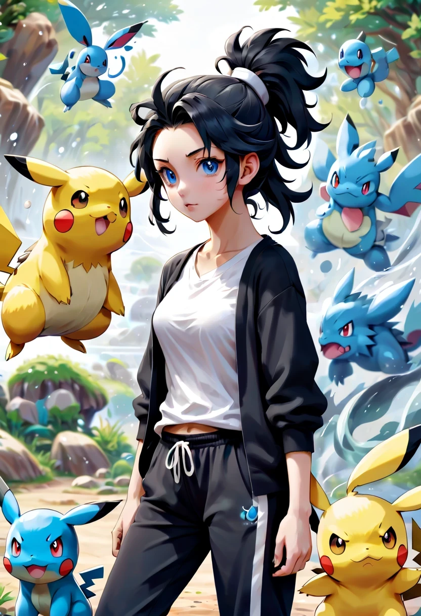 1 girl, alone, masterpiece, the best_quality, photo shoot, looking at camera, young adult gadwa, tired expression, Pokemon, Pokemon (game), game freak, Nintendo, (porcelain skin), blue eyes, (black hair), (messy ponytail), black cardigan, Loose T-shirt, black sweatpants, gen 3 Pokemon, Pokemon (biology), White skin, specific background, tilt 