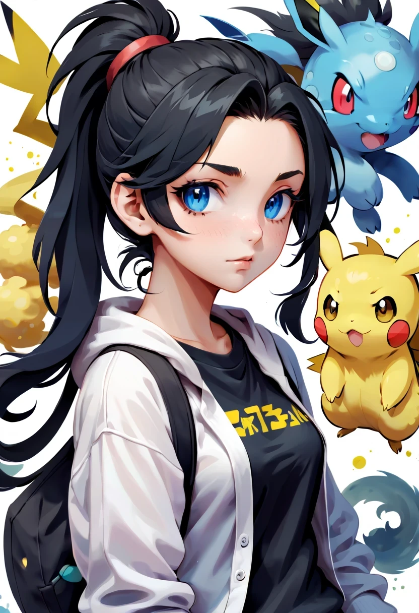 1 girl, alone, masterpiece, the best_quality, photo shoot, looking at camera, young adult gadwa, tired expression, Pokemon, Pokemon (game), game freak, Nintendo, (porcelain skin), blue eyes, (black hair), (messy ponytail), black cardigan, Loose T-shirt, black sweatpants, gen 3 Pokemon, Pokemon (biology), White skin, specific background, tilt