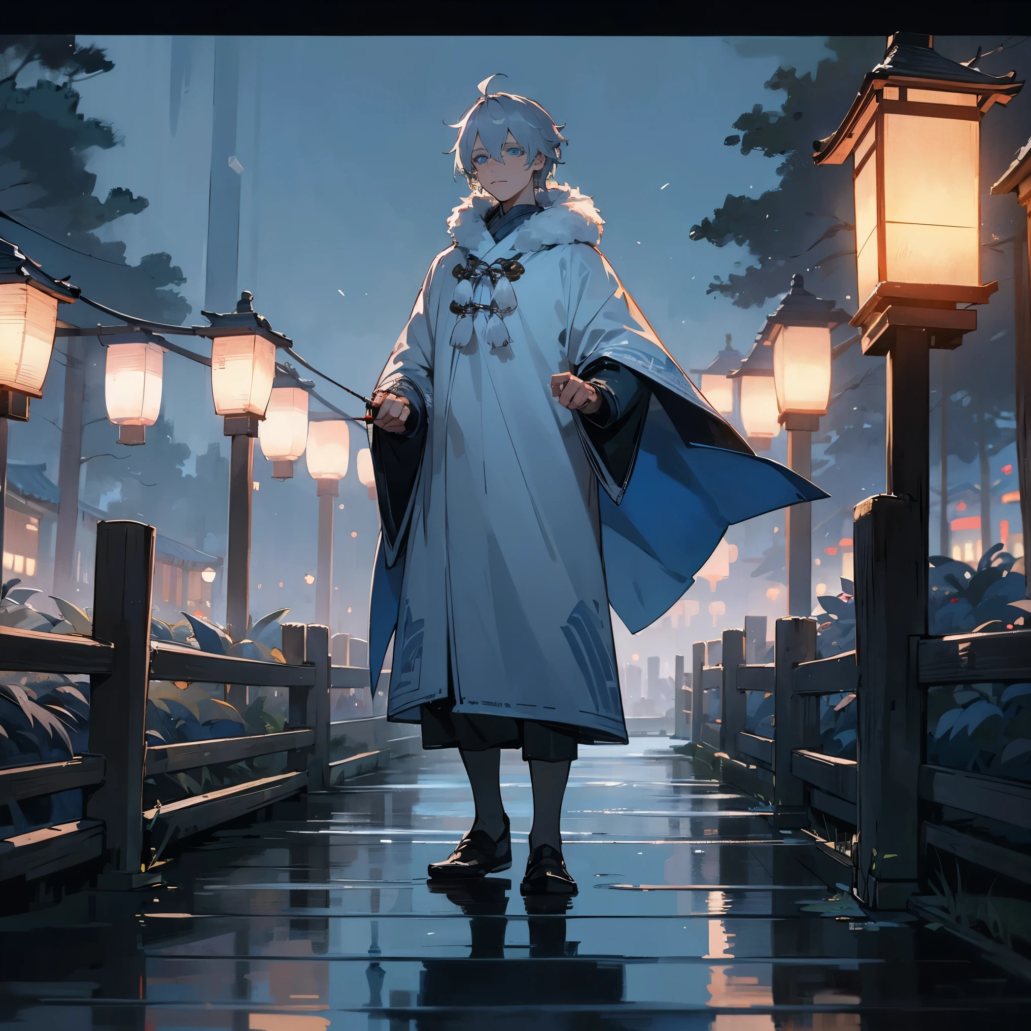 1male, adult, finely detailed blue eyes, short messy grey hair, white fur poncho, peasant clothing, night time, standing on path, forest, night, lanterns, fishing village