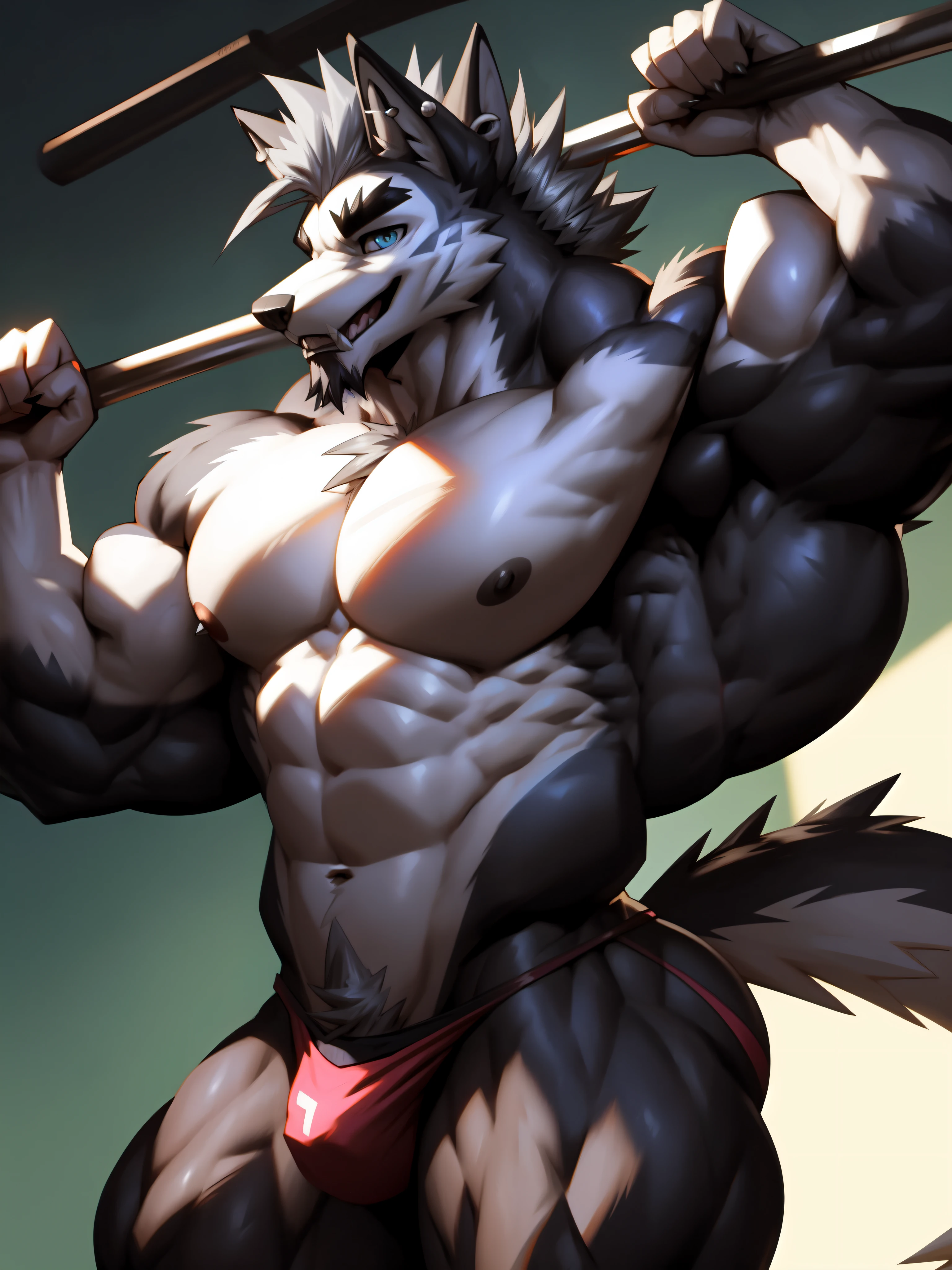  ((Popular on E621, trending on Furaffinity Digital Media, Trending on ArtStation, Trending on Twitter , Digital Coloring, Digital Media, Digital Color, digital illustration, (Masterpiece))) (((((2D_art))))),(((((((by_big daddy))))))), by takemoto arash, by_แห้งclimb ,((((by_drink)))), by_Ashdenawker, by_Cardi , Take a break ((((alone:1.3,full body)))) ((((((anthropology, anthropologyfield, (gray wolf)))))) |  Take a break | handsomeface,((((((elderlyface)))))), age_climb_face , (((wildface)))))))), ((((((((charming))))))))  Take a break ((((((Hyper_muscle:1.3)))))), (((Detailed eyes,blue eyes))) | (((gray fur | finger claw | )))) | (((((((( gray hair | black eyebrow | short hair | black goatee hair | spiky_black_ear_drill))))))))) | Take a break (((((Thick eyebrows))))) )) Take a break (((perfect face))) |  Take a break 2:3 ((High view? ((Dynamic angle)) or low-angle view or front view or quarter view)), ((Dutch corner)), ((strap)))) ,(((exercise, exercise))), (((Gym_background, Fitness_background)))