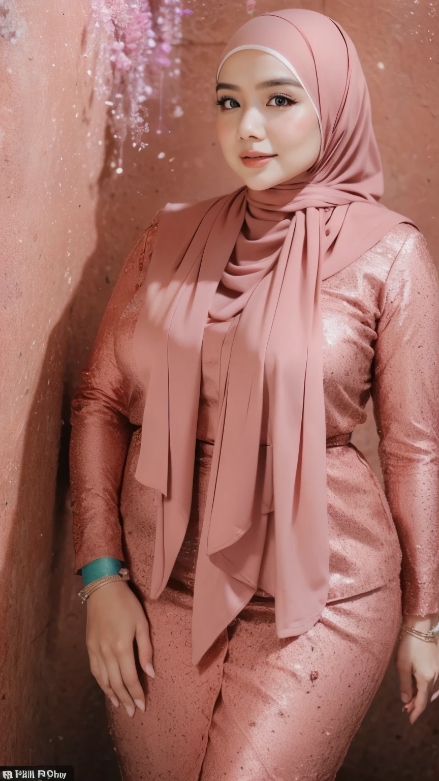 1 malay girl , modern plain hijab, shy, mid shot , watery eyes ,droopy eyes, watery, lip glossy, horny face, big rounded breast, cleavage cutout,wear java wedding woman in kebaya , luxurious necklace, bracelet, lipstick, makeup, grooming, eyelashes, flower garden background, bokeh background, proportional body,