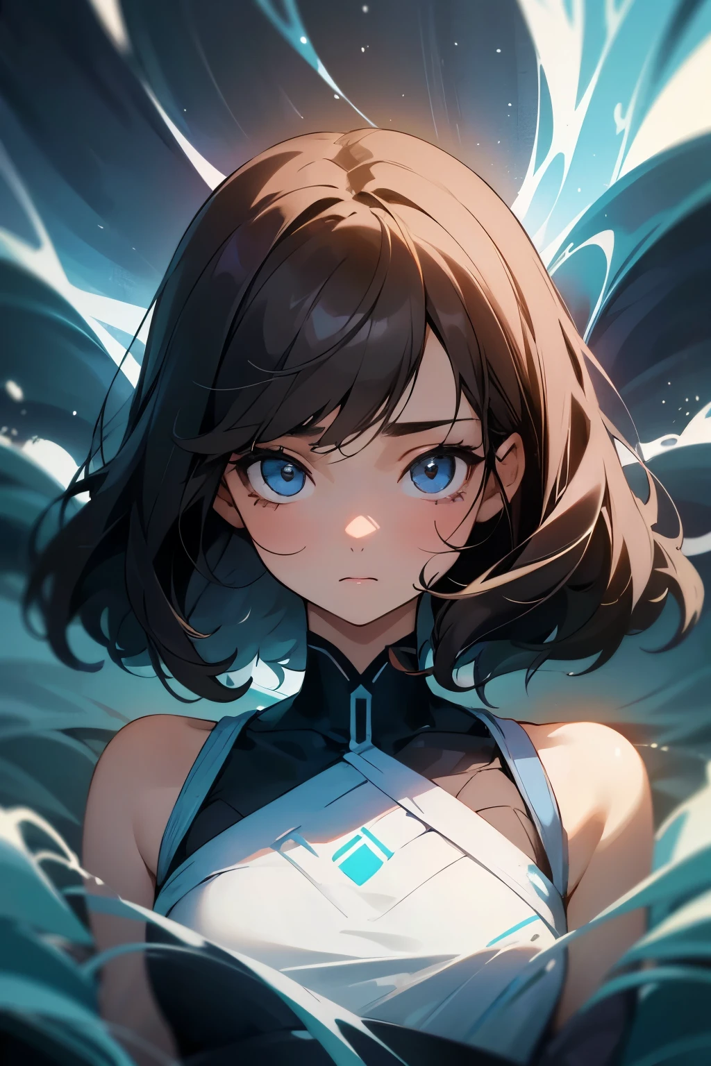 a young woman with a delicate appearance and deep eyes. Her dark hair falls in soft waves over her shoulders, framing a face with soft but expressive features. Despite her calm appearance, there is a spark of curiosity in her eyes, always attentive and observant. he is in his room