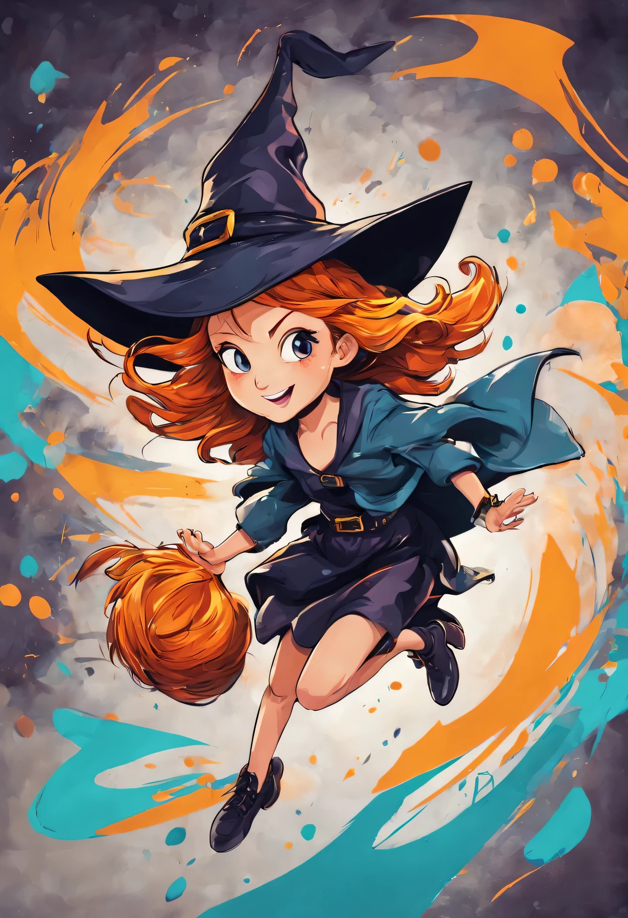 (best quality,high resolution:1.2),Extremely detailed cute witch flying in doodle cartoon,Ink illustration style,expressive face,floating in the air,Blurred color background,Playful dynamic lines,bold colors,Full of energy and vitality.