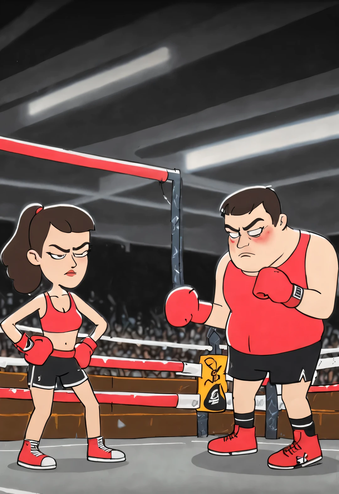 Graffiti caricatures,A fit girl wearing big red boxing gloves，Beating up a crying fat boy，Background boxing ring