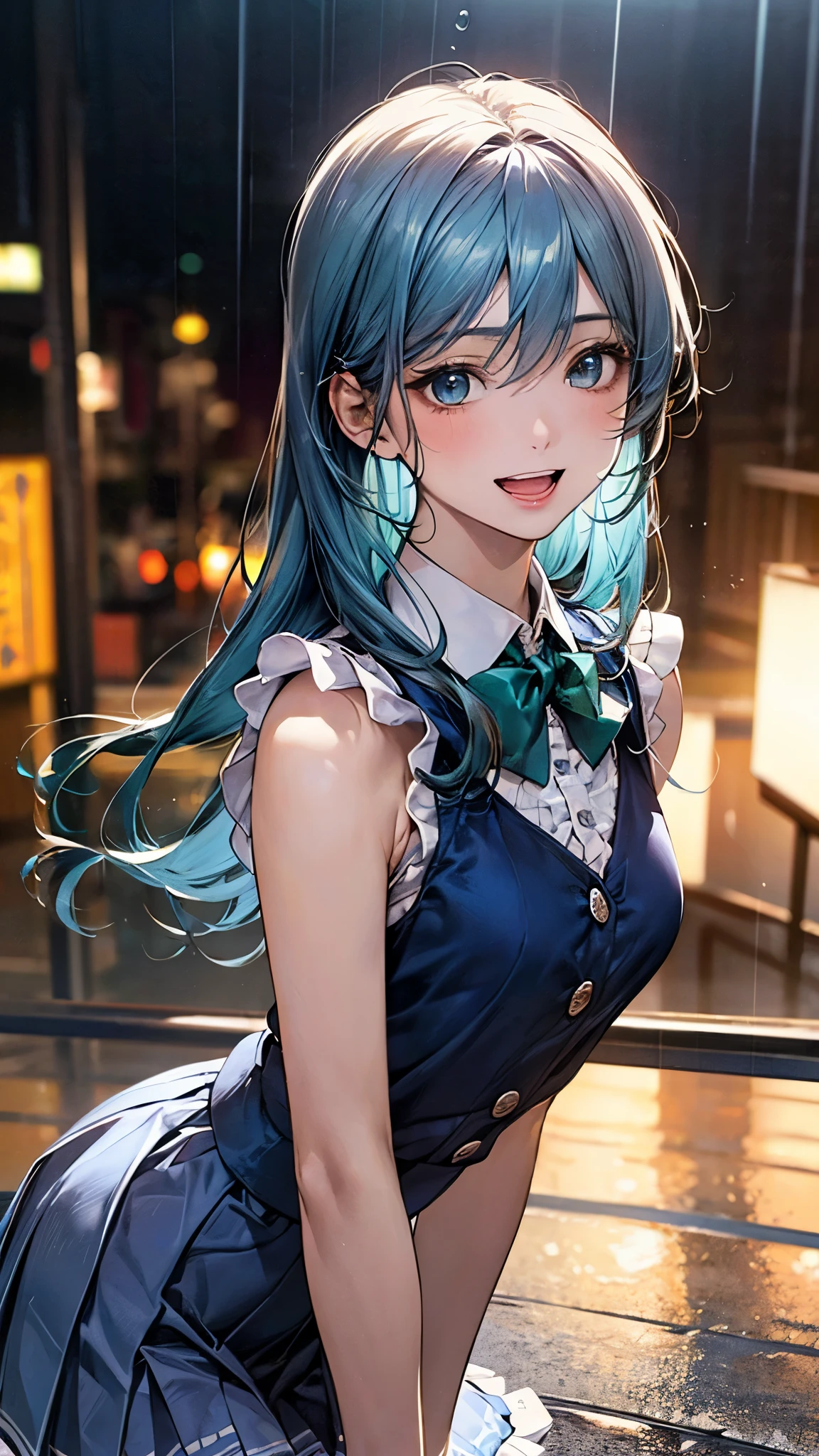 (masterpiece:1.3, top-quality), (realistic, photorealistic:1.4), beautiful illustration, (natural side lighting, movie lighting), depth of fields,
looking at viewer, (face focus, upper body), 1 girl, japanese, (idol), high school girl, perfect face, cute and symmetrical face, shiny skin,
(long hair:1.7, straight hair:1.4, light blue hair), hair between eyes, emerald green eyes, long eye lasher, (large breasts: 0.9), slender, ((dark blue headband)),
beautiful hair, beautiful face, beautiful detailed eyes, beautiful clavicle, beautiful body, beautiful chest, beautiful thigh, beautiful legs, beautiful fingers,
((sleeveless white frill collared shirt, white rain boots)), blue bow tie, blue pleated skirt,
(beautiful scenery), evening, (juliana's tokyo), standing, dancing, (lovely smile, upper eyes, open mouth small),