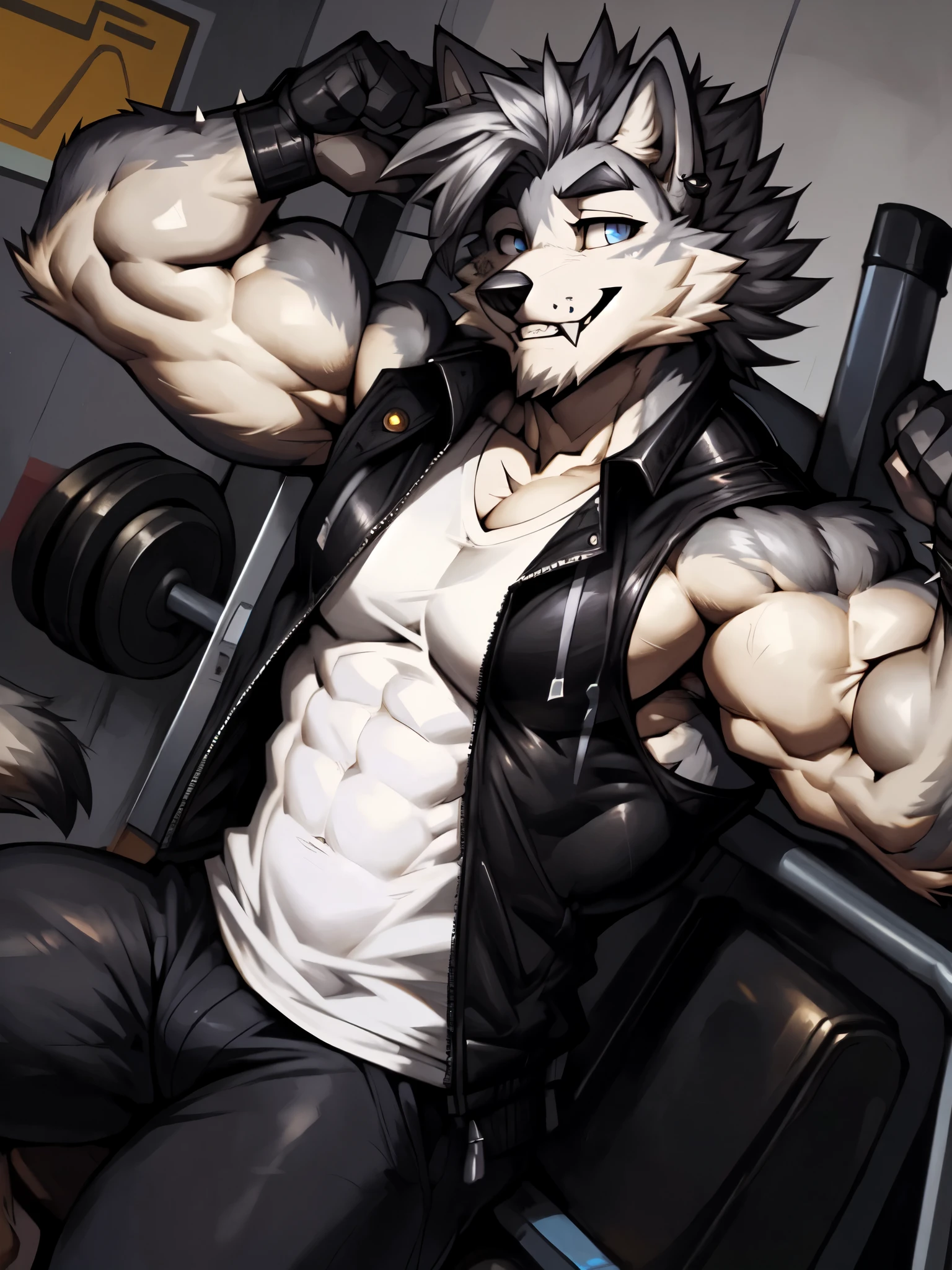 ((trending on E621, trending on Furaffinity digital media, trending on Artstation, trending on twitter , digital painting, digital media, digital paint, digital illustration, (masterpiece))) (((((2D_art))))),(((((((by_bigdad))))))), by takemoto arash, by_kuroma ,((((by_drks)))), by_ashendawger, by_kardie , BREAK ((((solo:1.3,Full body)))) ((((((anthro, anthrofield, (grey wolf)))))) | break | handsomeface,((((((elderlyface)))))), age_up_face , (((wildface)))))))), ((((((((charming)))))))) BREAK ((((((hyper_muscles:1.3)))))), (((detailed eyes,blue eyes))) | (((gray fur | finger claw | )))) | (((((((( gray hair | black eyebrow | short hair | black goatee hair | spiky_black_Ear_piercing))))))))) | BREAK (((((thick eyebrows))))) )) BREAK (((perfect face))) ,there is a man that is sitting down with a dumb machine, in a gym, working out, showing off biceps, asian male, ripped, flexing, wearing a low cut tanktop