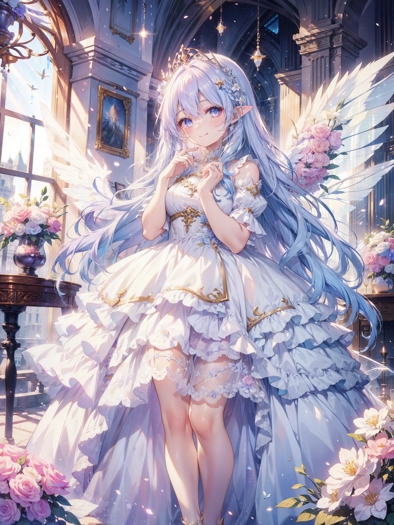 soft expression,((light smile,Happy:1.5))((Sparkling fluffy layered ball gown)),A large and beautiful dress inspired by rose flowers, lots of flowers、frills、Intricate billowy ball gown with rhinestones ( table top, art station, fantasy art:1.2), See here,Standing with an elegant smile,pastel colour,((giant white fairy wings))、gradient hair, light blue hair, hair blowing in the wind, wavy hair,fluffy hair,tiara,lavender eyes, long eyelashes, beautiful eyes、light pink cheek,pointy ears, bright eyes, long and thin legs, golden hour, shining light, warm lighting,