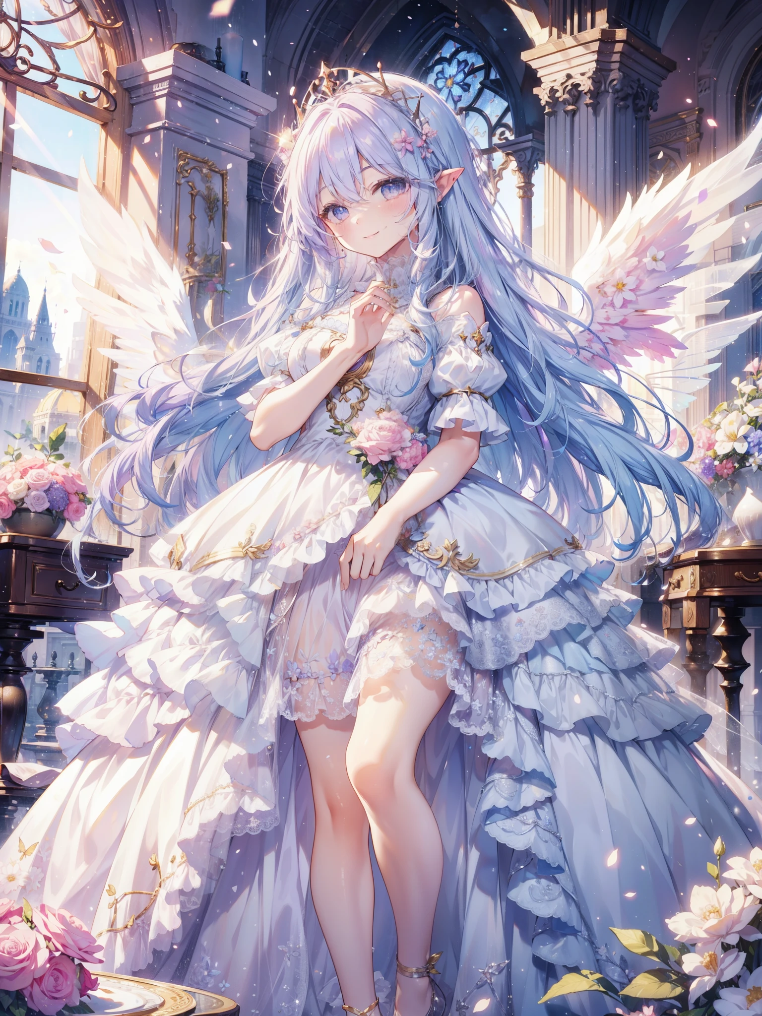 soft expression,((light smile,Happy:1.5))((Sparkling fluffy layered ball gown)),A large and beautiful dress inspired by rose flowers, lots of flowers、frills、Intricate billowy ball gown with rhinestones ( table top, art station, fantasy art:1.2), See here,Standing with an elegant smile，pastel colour,((giant white fairy wings))、gradient hair, light blue hair, hair blowing in the wind, wavy hair,fluffy hair,tiara,lavender eyes, long eyelashes, beautiful eyes、light pink cheek,pointy ears, bright eyes, long and thin legs, golden hour, shining light, warm lighting,