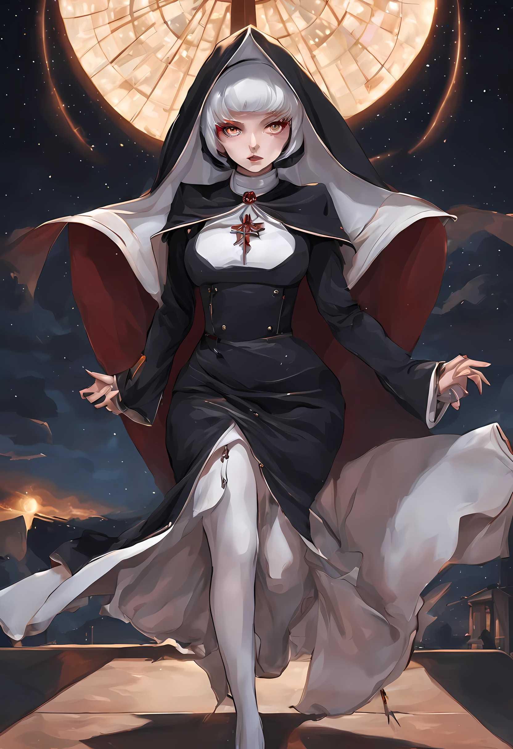 a picture of an exquisite beautiful female action shot (nun: 1.3) vampire standing under the starry night sky on the porch of her monastary, dynamic angle (ultra detailed, Masterpiece, best quality), ultra detailed face (ultra detailed, Masterpiece, best quality), ultra feminine, (pale skin: 1.3), red hair, wavy hair, dynamic eyes color, cold eyes, glowing eyes, intense eyes, dark red lips, [fangs], wearing white nun habit (ultra detailed, Masterpiece, best quality), wearing blue cloak (ultra detailed, Masterpiece, best quality), long cloak, flowing cloak (ultra detailed, Masterpiece, best quality), wearing high heeled boots, sky full of stars background, moon, bats flying about, action shot, high details, best quality, 16k, [ultra detailed], masterpiece, best quality, (ultra detailed), full body, ultra wide shot, photorealism, dark fantasy art, dark fantasy art, gothic art, many stars, dark fantasy art, gothic art, sense of dread, bloodmagic