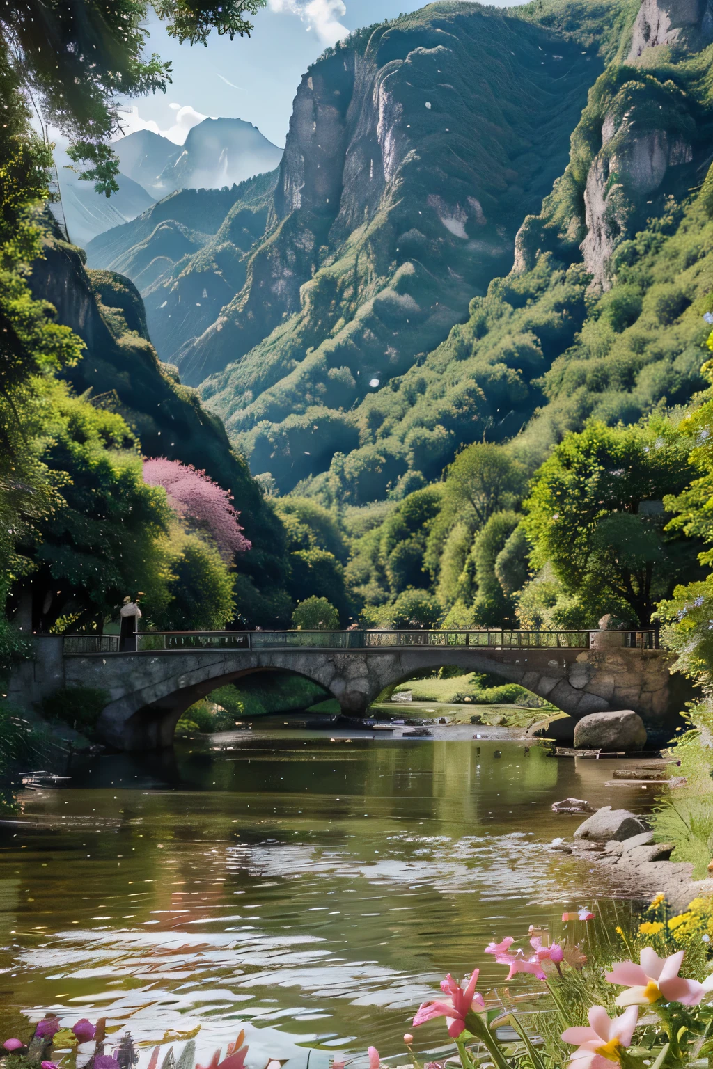 sunny weather, green lush mountains, Crystal clear river, Peaceful village, bright flowers, cozy cottages, vibrant atmosphere, playful children, chirping birds, floating clouds, Gentle breeze, warm sunlight, захватывающие дух landscapeи, Calm atmosphere, picturesque landscape, Majestic Peaks, Calm waters, Traditional architecture, Lush vegetation, idyllic countryside, Joyful laughter, happy residents, The beauty of nature, Tranquil environment, Bright colors, refreshing environment, Harmonious nature, attractive ways, charming bridges, inviting picnic spots, Breathtaking views. (Best quality, A high resolution, ultra detailed), HDR, professional, Bright colors, portraits, landscape,photographically balanced lighting.