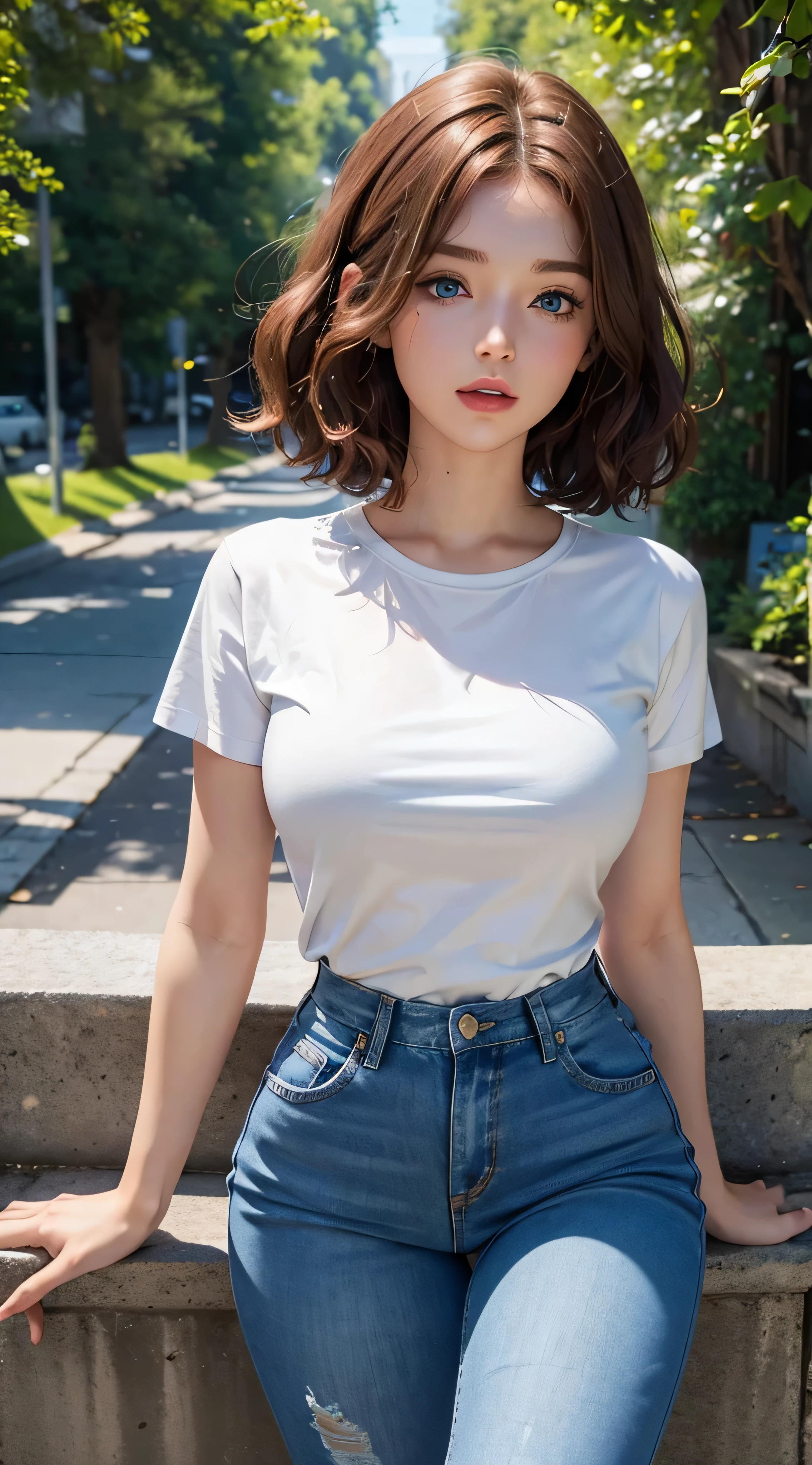 1woman, (blue eyes), (Best Quality, 8k, Masterpiece: 1.3), Clear Focus: 1.2, Perfect Body Beauty: 1.4, wide hips, thick thighs, full body, Highly detailed face and skin texture, detailed eyes, double eyelids, red lips, (wavy hair:1.1), (short hair:1.2), brown hair, (white t shirt), (blue short jeans), daylight, bright sunny day