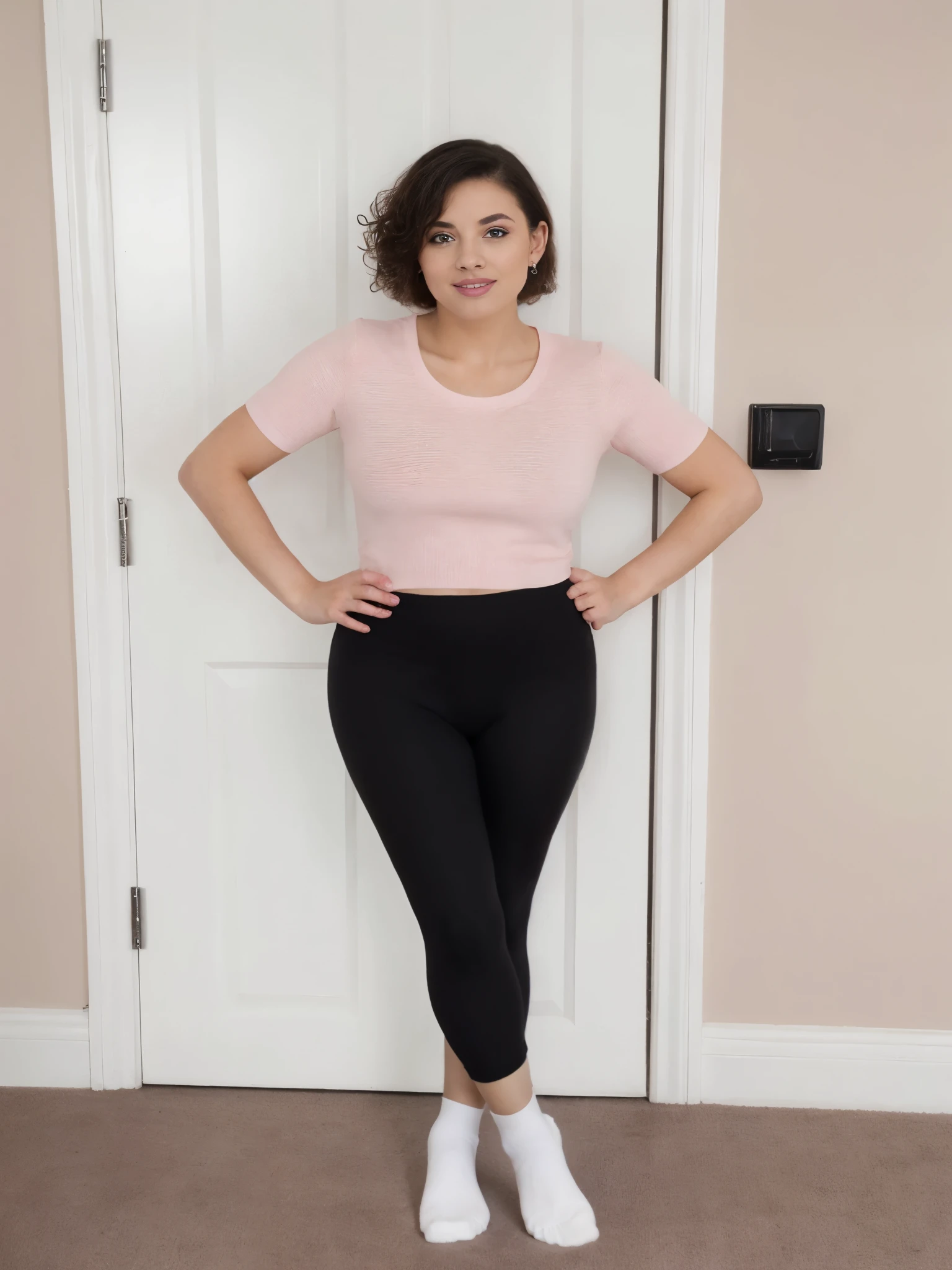 Stunningly beautiful solo curly brunette, wearin skintight coal-black leggings, (((white socks))), tight leggings, round glasses, perfect face, sexy figure, seductive, full body shot, diminutive breasts, (raw professional photography), highly detailed full body photography, analog photography, ((best quality)), ((masterpiece)), ((realistic)), god rays, photorealistic, wide angle, realistic, photorealism, 8k uhd, 32k