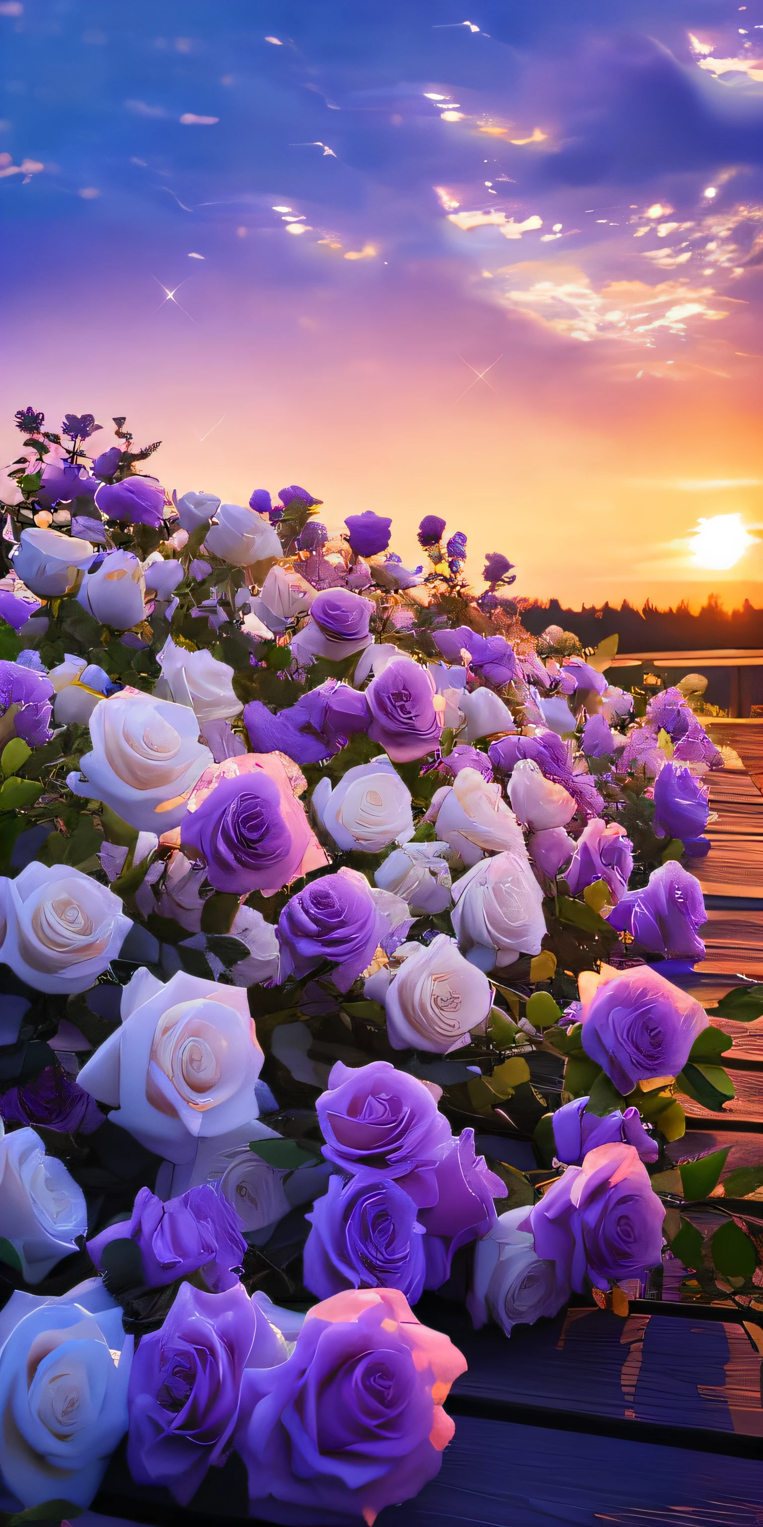 Purple and white roses grow on wooden benches at sunset, Beautiful flowers, floral sunset, Incredibly beautiful, beatiful background, Beautiful nature, much wow,It's so beautiful, Magical flowers, beautiful flowers growing, warm beautiful scene, Beautiful scenery, Blooming flowers, Really beautiful nature, Glowing flowers, big breasts beautiful, magical colorful flowers, rosette, Lilac sunlight, big breasts beautiful!