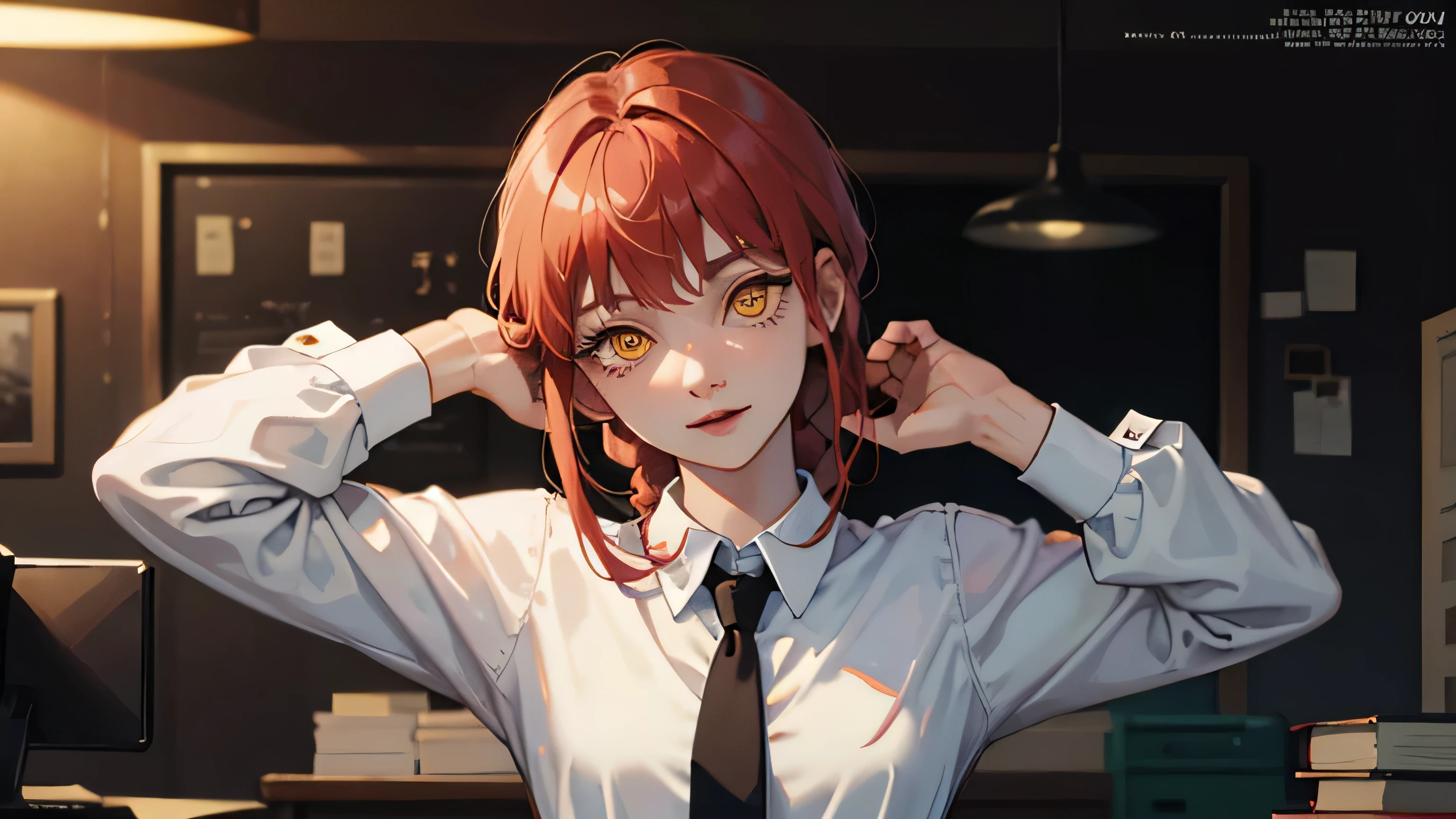 makima, makima, long hair, smile, bangs, (small breasts:1.2), (yellow eyes:1.2), braid, red hair, braided ponytail, ringed eyes, BREAK shirt, long sleeves, white shirt, necktie, collared shirt, pants, black pants, formal, suit, black necktie, shirt tucked in, office lady, BREAK indoors, office, BREAK looking at viewer, BREAK (masterpiece:1.2), best quality, high resolution, unity 8k wallpaper, (illustration:0.8), (beautiful detailed eyes:1.6), extremely detailed face, perfect lighting, extremely detailed CG, (perfect hands, perfect anatomy),
