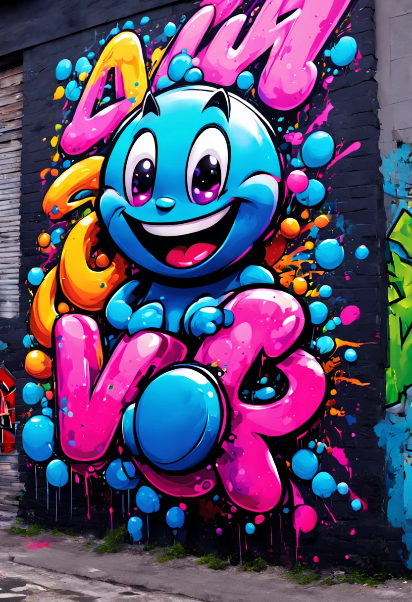 Comic book graffiti art, trendy street art, colorful bubble letters, detailed graffiti characters with exaggerated features, vibrant splatter paint effects, dynamic composition, painterly style, bright neon lighting, ultra-detailed graffiti art masterpiece, digital painting