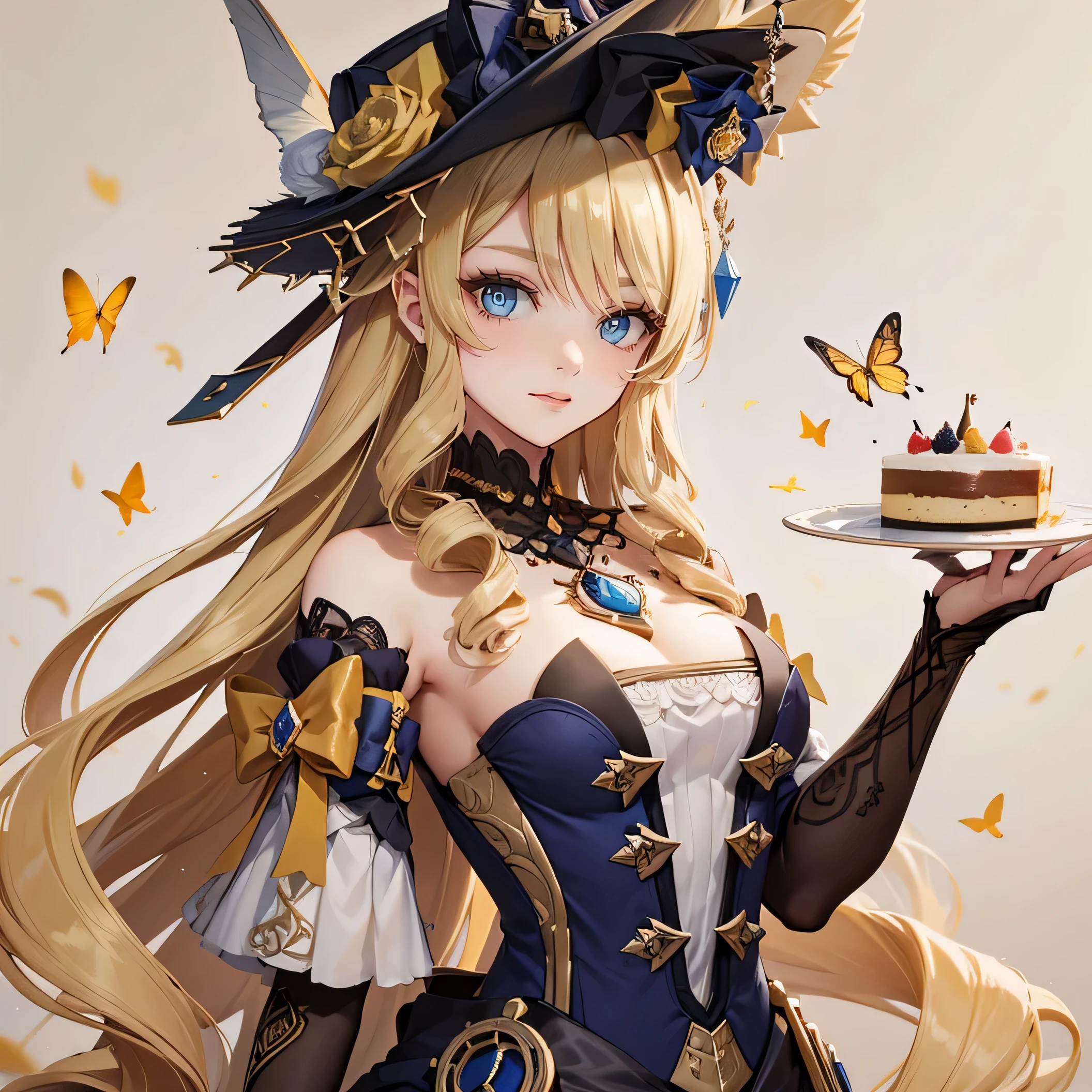 The girl has beautifully detailed eyes and a kind smile on her face..... The girl holds a plate with cake in her hand...........butterflies fly on a beige background many yellow flowers in steampunk style .... The work must be of the highest quality.., be a masterpiece, and have high resolution details.,Girl up to the waist