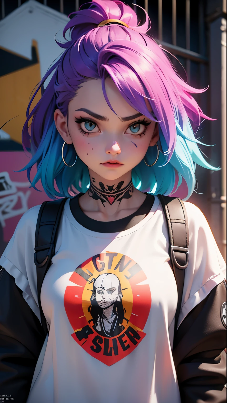 upper body portrait,raw essence of a tattooed street style icon,rebellious energy,wearing oversized shirt  with logos,vibrant graffiti as backdrop,edgy fashion,sense,confident gaze,colorful hair,light beams streaming through haze,