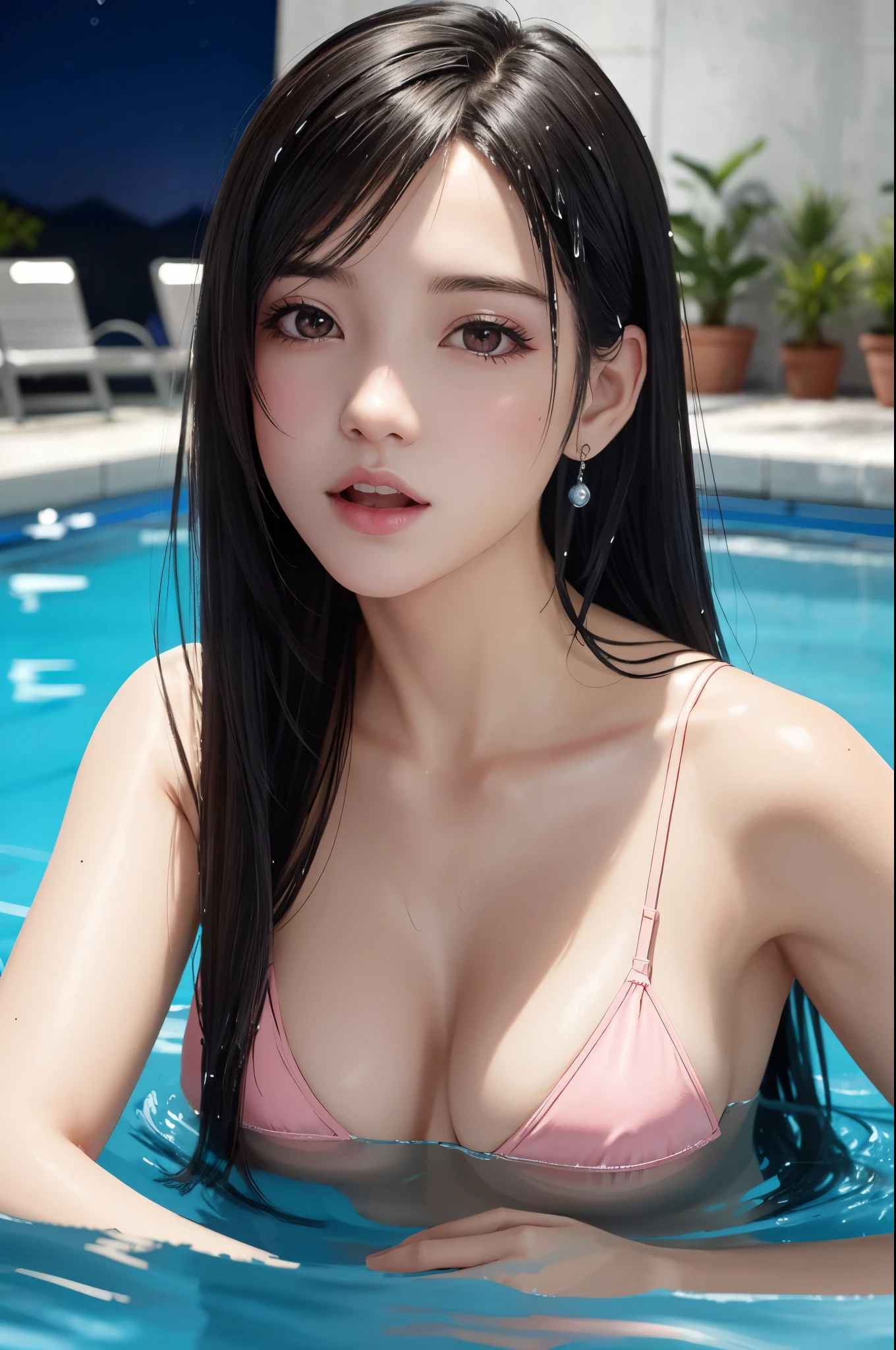 {top quality, masterpiece}, (Realistic: 1.3), wallpapers, BREAK {{{FF7,Tifa_lockhart,solo}}},{{{erotic ,sexy}}},Floating on water, lying, on back, Ultra-detailed face, Detailed eyes, Red eyes, BREAK (((FF7,Tifa_lockhart))),{black brown hair, Large breasts}, BREAK ,{{villa pool:1.5}},{{ pool, pool side, neon light, square shape, night, night pool}},{{{wearing a pink micro-bikini:1.3}}},{no bra, no panties, Small and beautiful hard nipple}, About 18 years old, kawaii, {{{erotic eyes, erotic mouth, erotic face}}}, aroused:1.2, {open mouth:1.1}, (wet body:1.3) , 