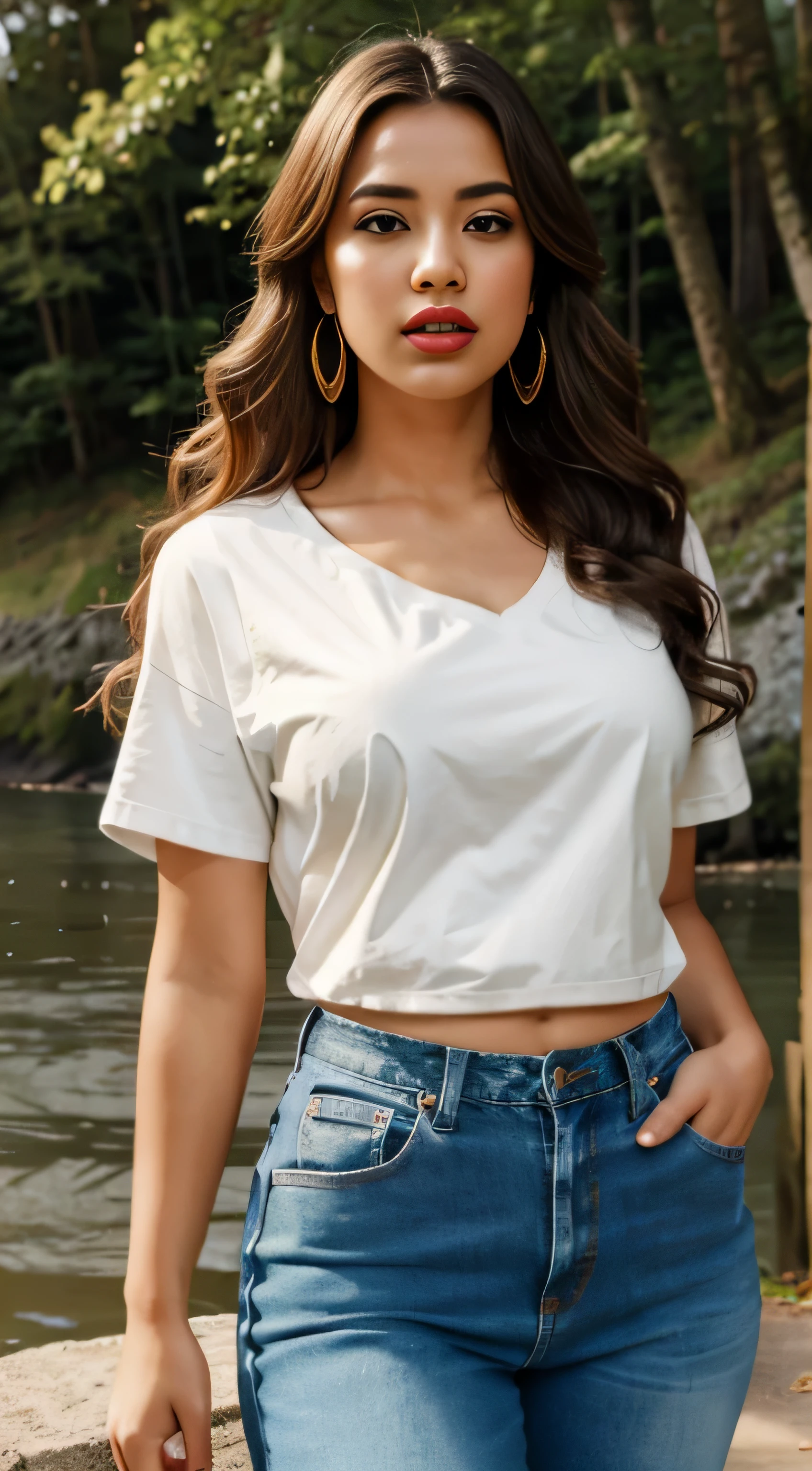 1 girl, standing near a long river, brown light skin, small breasts, mixed 4, black jeans and long tshirt, earrings, natural red lips, open mouth, realistic, photo_\(medium\), solo, (masterpiece), (photorealistic : 1.3 ), very detailed, (high detail) skin: 1.2), (best quality: 1.0), (very high resolution: 1.0), (Orchan-6500: 0.3), wavy detailed hair, long hair, sunshine, (beautiful makeup details),