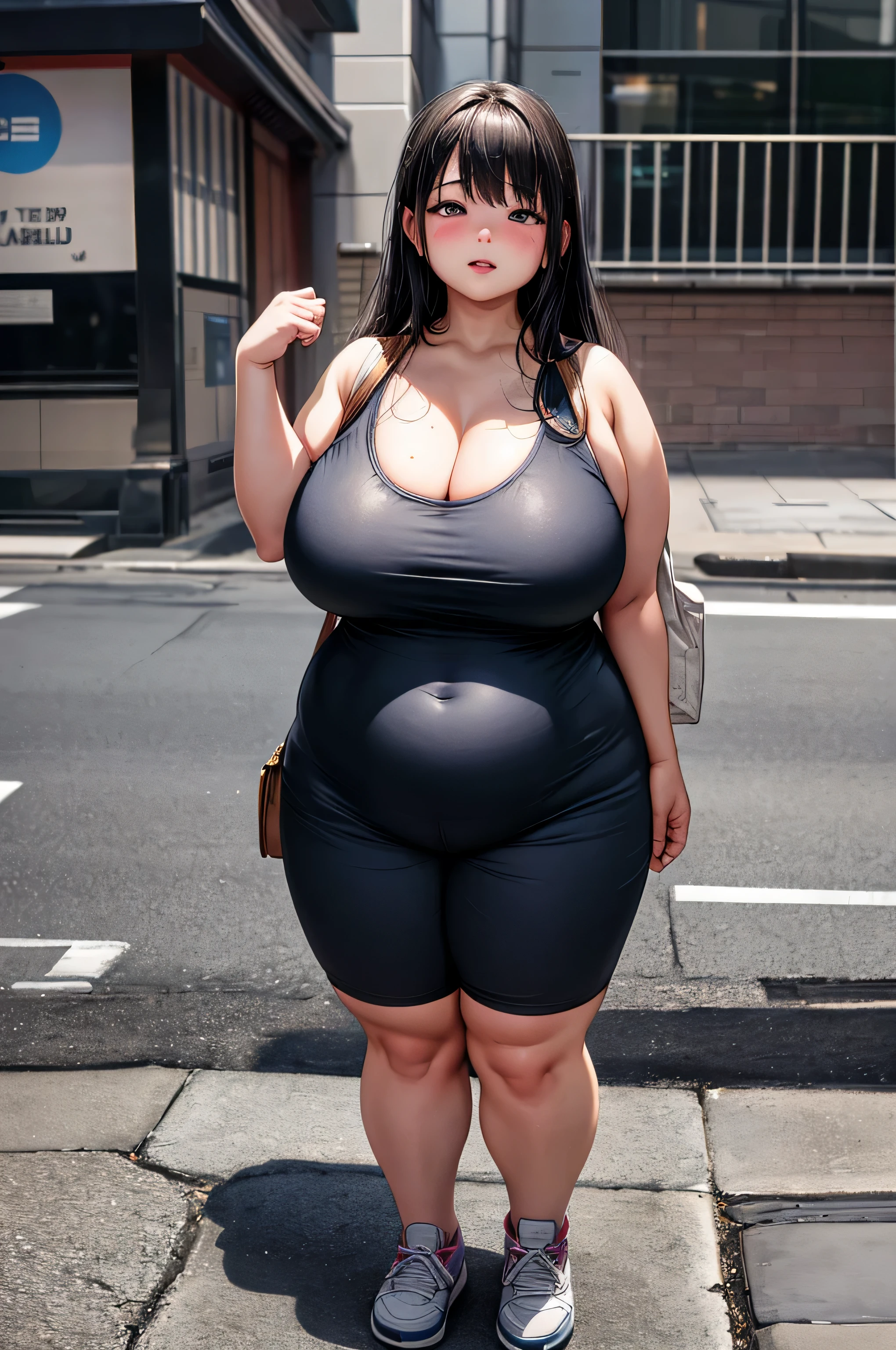 ultra high resolution, Are fat, girl, Asian, ugly face, chubby torso, thick legs, chubby arms, many pores, I can see the pores, fine skin texture, daytime, chatting on the sidewalk, full body shot