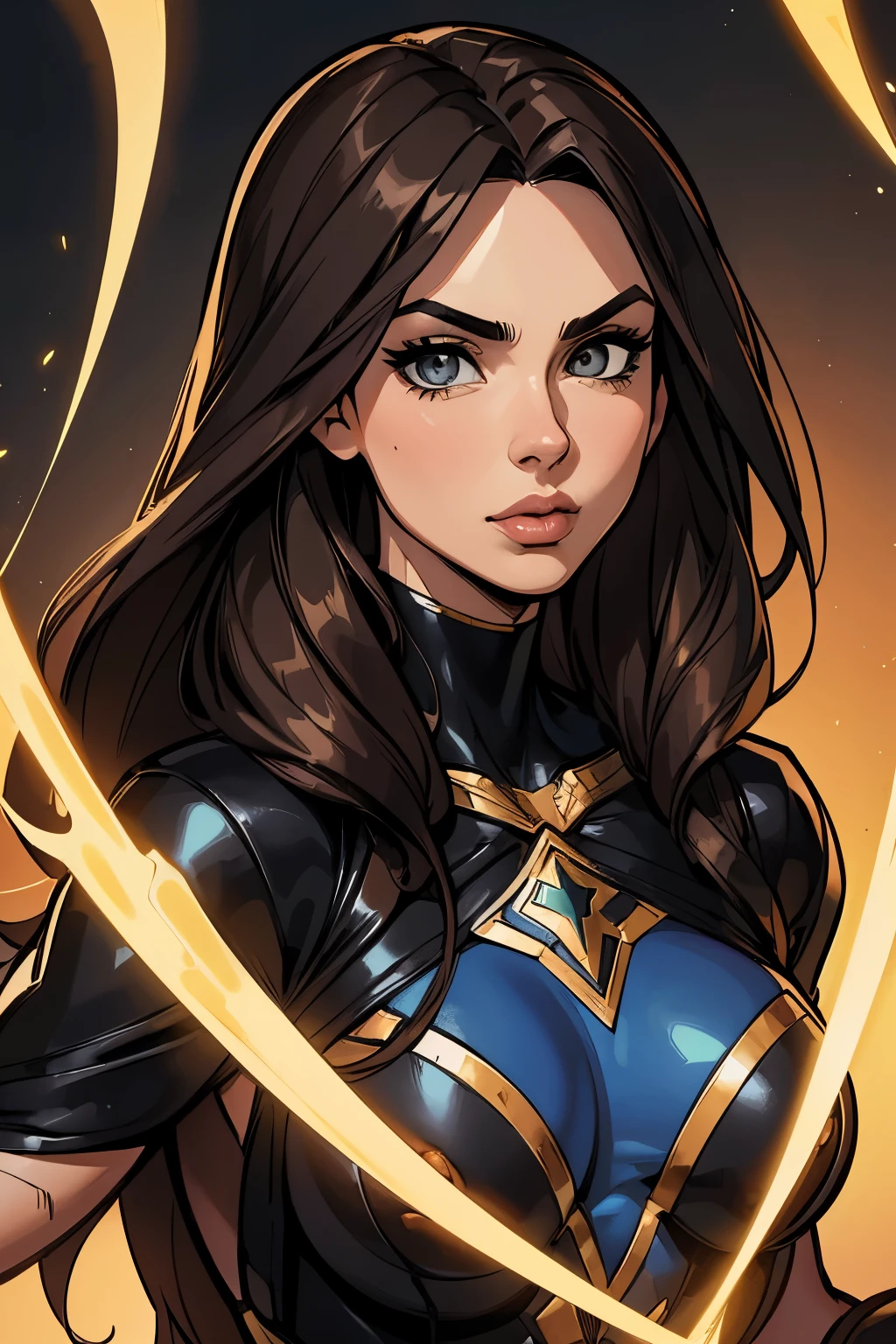 retrato, Mulher bonita, rosto perfeito, beleza divina, pele clara, cabelo longo, cabelo castanho, olhos azuis, olhos detalhados, Olhos perfeitos, Olhos Divinos, Olhar sedutor, olhar poderoso, Black superhero outfit, superhero outfit, (((black color superhero outfit))), Black mask covering only the quality eye)), ((obra de arte)), (detalhado), rosto perfeito