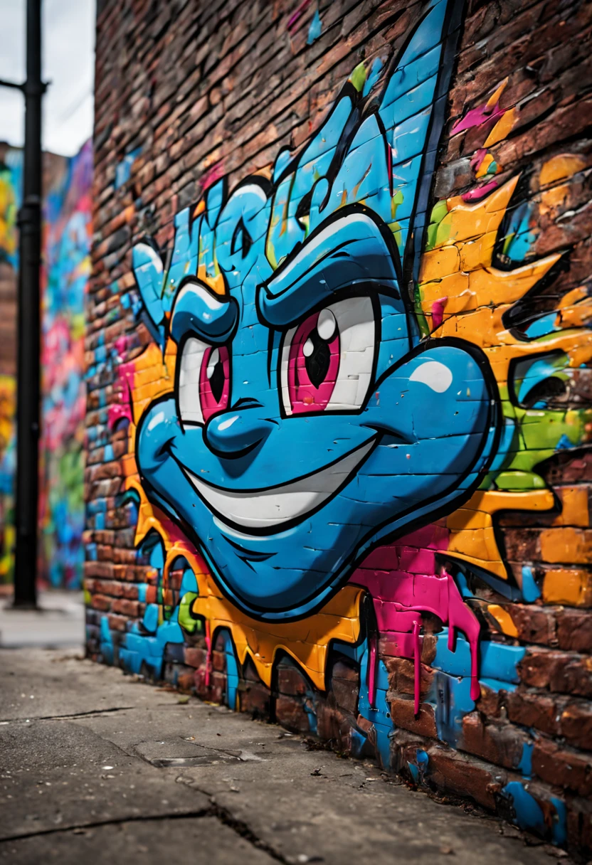 {Photorealistic} A highly detailed, professional photograph of a graffiti comic with vibrant colors and intricate details painted on a brick wall in a downtown alley. The comic features stylized characters and text with dripping paint and bold line work. The image is perfectly lit and in focus using natural lighting. Nikon D850, 85mm lens, 4k resolution, cinematic depth of field.