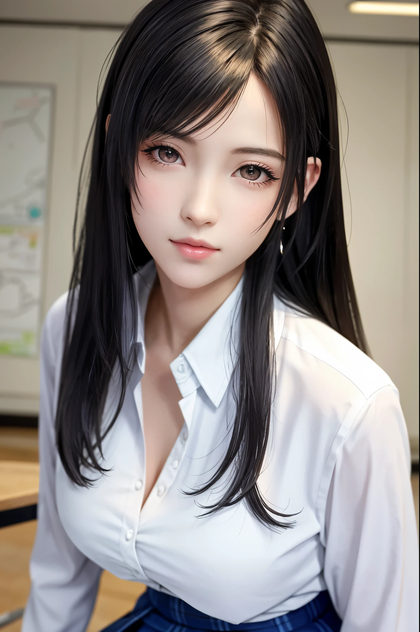 {top quality, masterpiece, ultra detailed}, (Realistic: 1.3), (photo Realistic: 1.3),wallpapers, BREAK {from below},(((FF7,Tifa_lockhart))),{{{Japanese JK uniform, collared school shirt, long-sleeved, Navy Blue Plaid Pleated mini-Skirt}}}, {{high school, classroom}}, Cinematic lighting, sunset ,{{sexy pose, Nogizaka idol}}, Ultra-detailed face, Detailed eyes, Red eyes, BREAK (((FF7,Tifa_lockhart))),{black brown hair, Large breasts}, BREAK , About 18 years old, kawaii, sensual, looking at viewer,{{{face focus, lip close up}}},Challenging eyes, making fun of the viewer, mocking