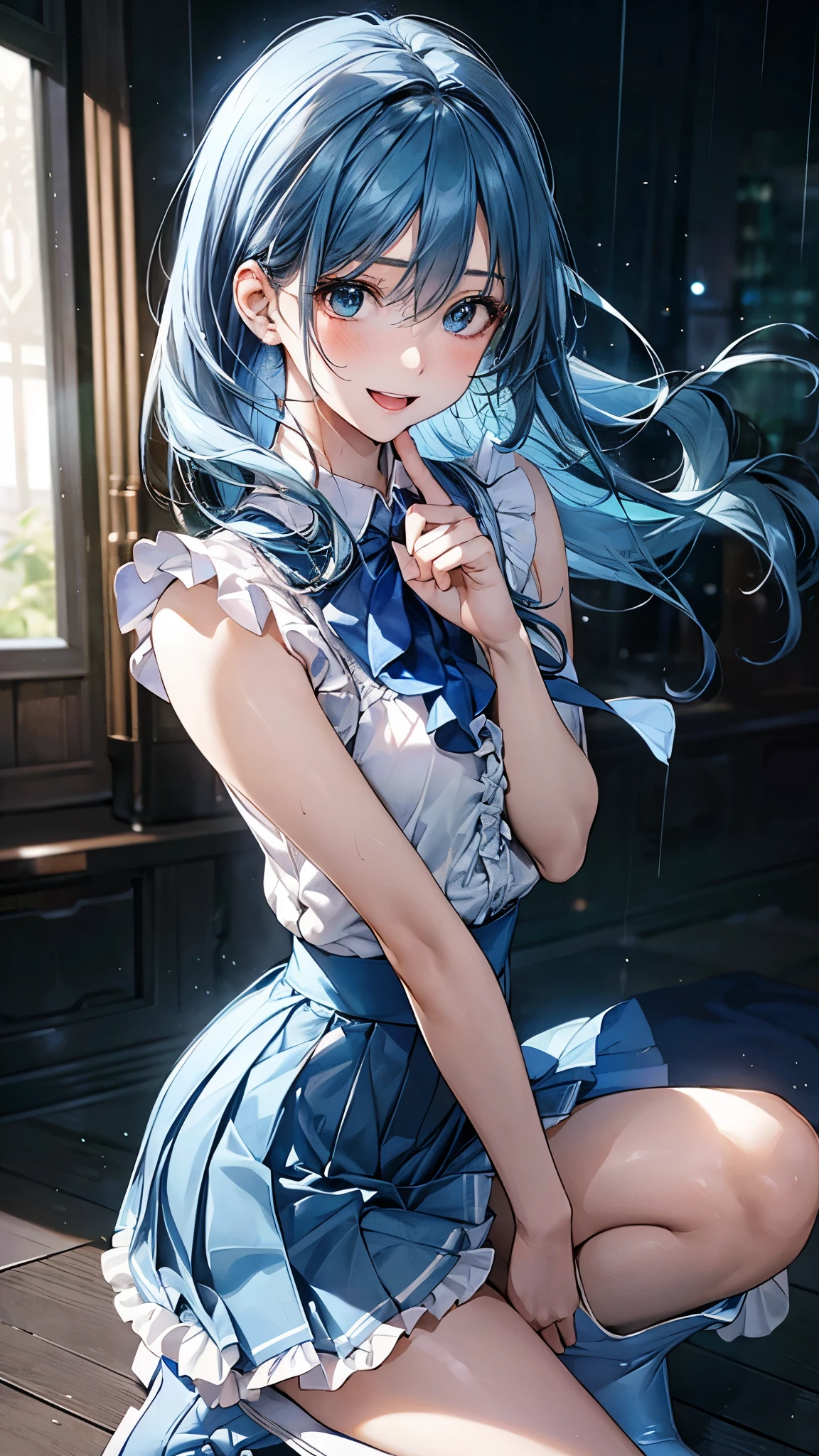 (masterpiece:1.3, top-quality), (realistic, photorealistic:1.4), beautiful illustration, (natural side lighting, movie lighting), depth of fields,
looking at viewer, (face focus, upper body), 1 girl, japanese, (idol), high school girl, perfect face, cute and symmetrical face, shiny skin,
(long hair:1.7, straight hair:1.4, light blue hair), hair between eyes, emerald green eyes, long eye lasher, (large breasts: 0.9), slender, ((dark blue headband)),
beautiful hair, beautiful face, beautiful detailed eyes, beautiful clavicle, beautiful body, beautiful chest, beautiful thigh, beautiful legs, beautiful fingers,
((sleeveless white frill collared shirt, white rain boots)), blue bow tie, blue pleated skirt,
(beautiful scenery), night, (inside disco, nightclub, dancing), (lovely smile, upper eyes, open mouth small),