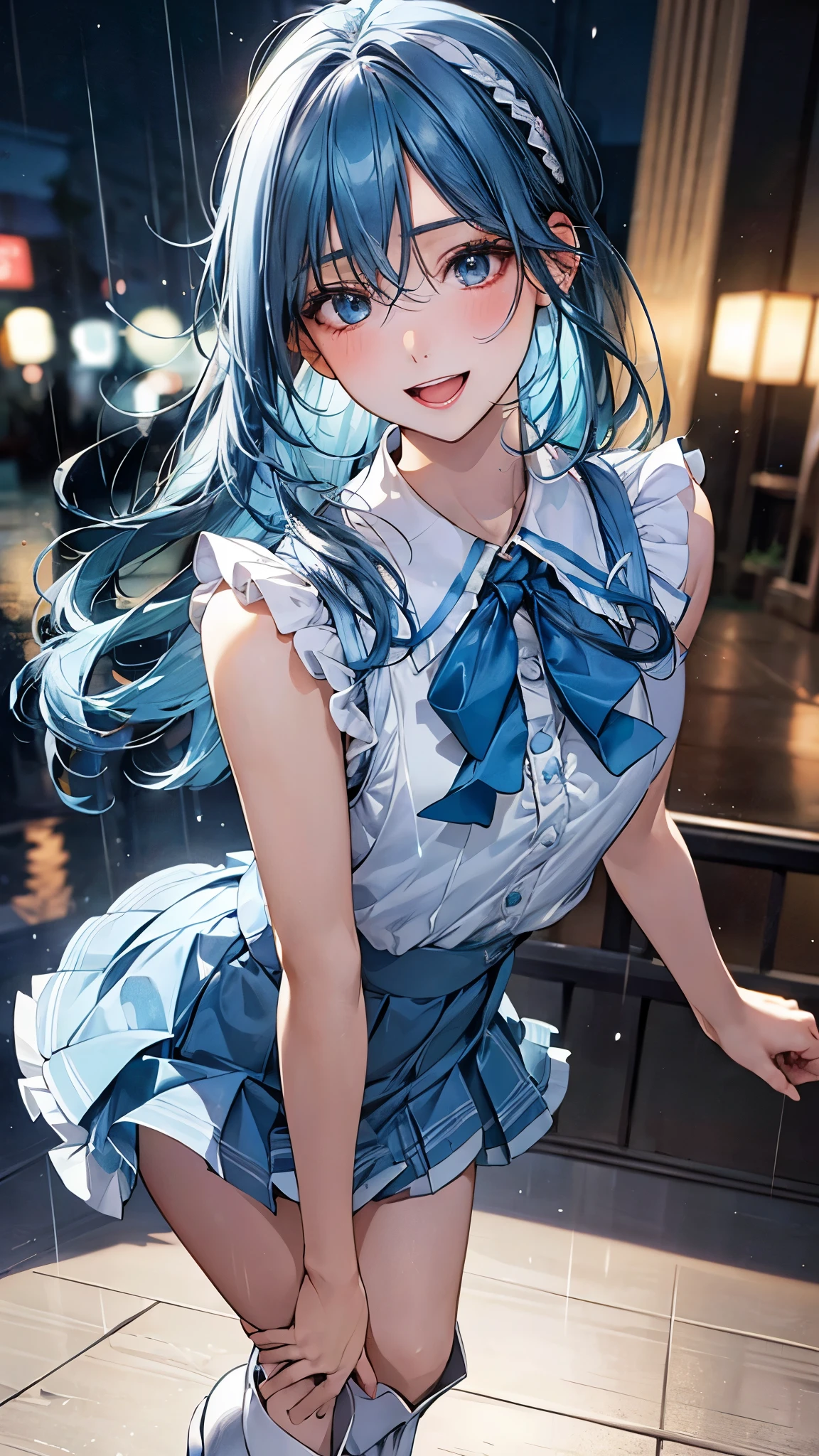 (masterpiece:1.3, top-quality), (realistic, photorealistic:1.4), beautiful illustration, (natural side lighting, movie lighting), depth of fields, 
looking at viewer, (face focus, upper body), 1 girl, japanese, (idol), high school girl, perfect face, cute and symmetrical face, shiny skin, 
(long hair:1.7, straight hair:1.4, light blue hair), hair between eyes, emerald green eyes, long eye lasher, (large breasts: 0.9), slender, ((dark blue headband)), 
beautiful hair, beautiful face, beautiful detailed eyes, beautiful clavicle, beautiful body, beautiful chest, beautiful thigh, beautiful legs, beautiful fingers, 
((sleeveless white frill collared shirt, white rain boots)), blue bow tie, blue pleated skirt, 
(beautiful scenery), night, (inside disco, nightclub, dancing), (lovely smile, upper eyes, open mouth small), 
