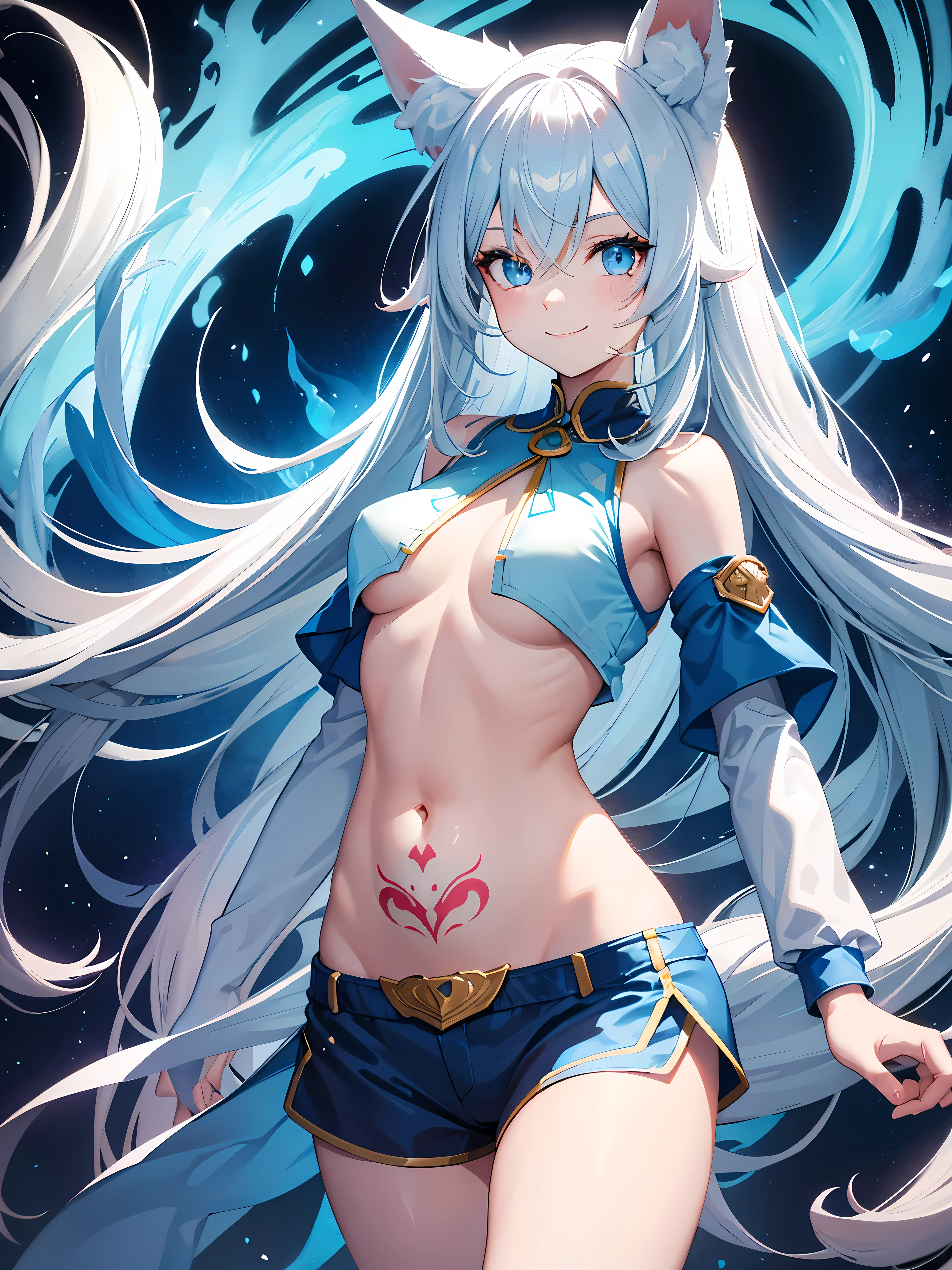 young girl, long white hair, turquoise eyes, fox ears, superhero uniform, blue flame, open your stomach, (tattoo on stomach), Neckline on the chest, laugh, masterpiece, high quality , alone ,