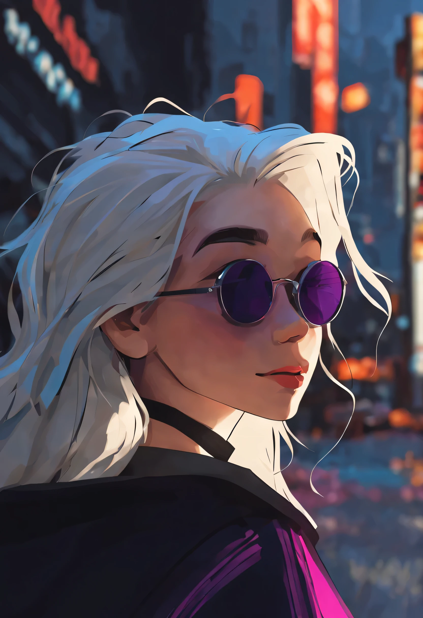 samdoesart, One Girl, White hair, Pale skin, Wearing Black Hoodie, Black clothes, Cute smile, Cute face, smoking, Wearing Round sunglasses, Magenta eyes underneath sunglasses, minimalist design, with clean lines, simple shapes, and a focus on composition and balance, cyberpunk city environment, blue and purple colors dominating