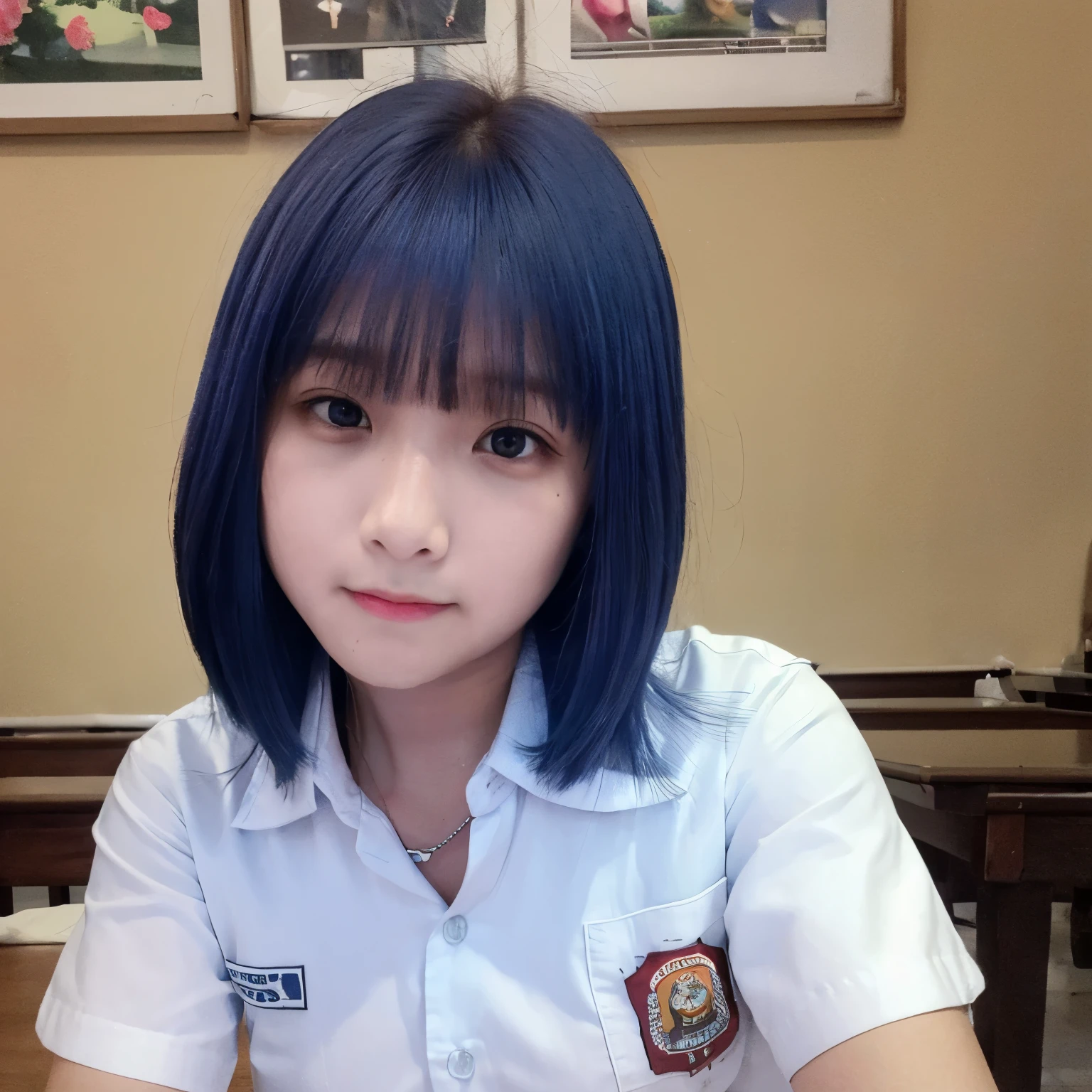 best quality, ultra high res, (photorealistic1.4), 1girl, (blue short hair:1.3), red eyes, ((puffy eyes)), ((upper body)), (((looking at viewer))), ((closeup)), wearing indonesian high school uniform, indo highschool uniform, white shirt, light blue necktie