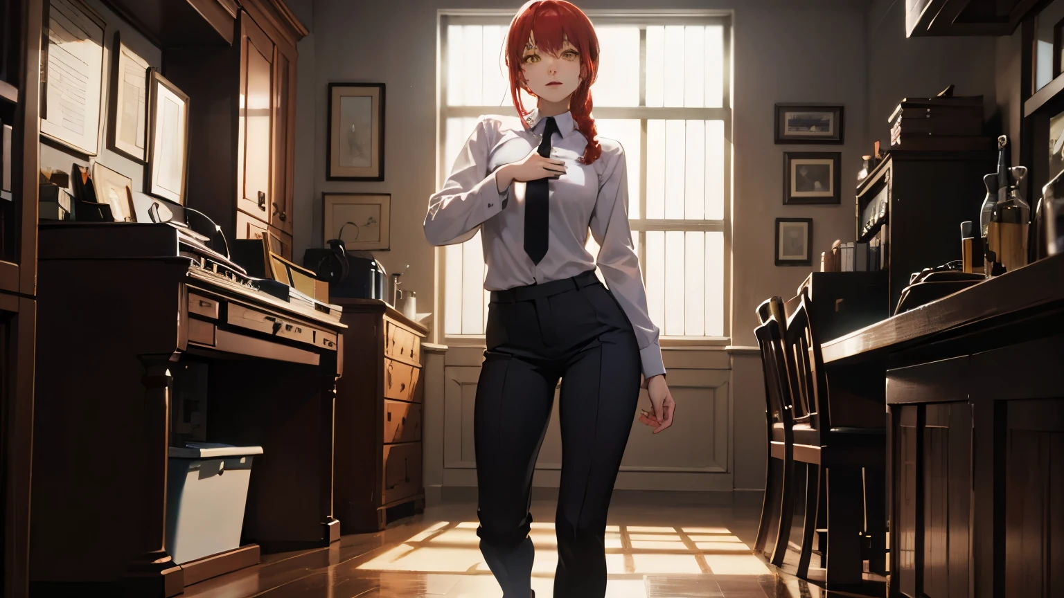 makima, makima, long hair, smile, bangs, (small breasts:1.2), (yellow eyes:1.2), braid, red hair, braided ponytail, ringed eyes, BREAK shirt, long sleeves, white shirt, necktie, collared shirt, pants, black pants, formal, suit, black necktie, shirt tucked in, office lady, BREAK indoors, office, BREAK looking at viewer, BREAK (masterpiece:1.2), best quality, high resolution, unity 8k wallpaper, (illustration:0.8), (beautiful detailed eyes:1.6), extremely detailed face, perfect lighting, extremely detailed CG, (perfect hands, perfect anatomy), full body