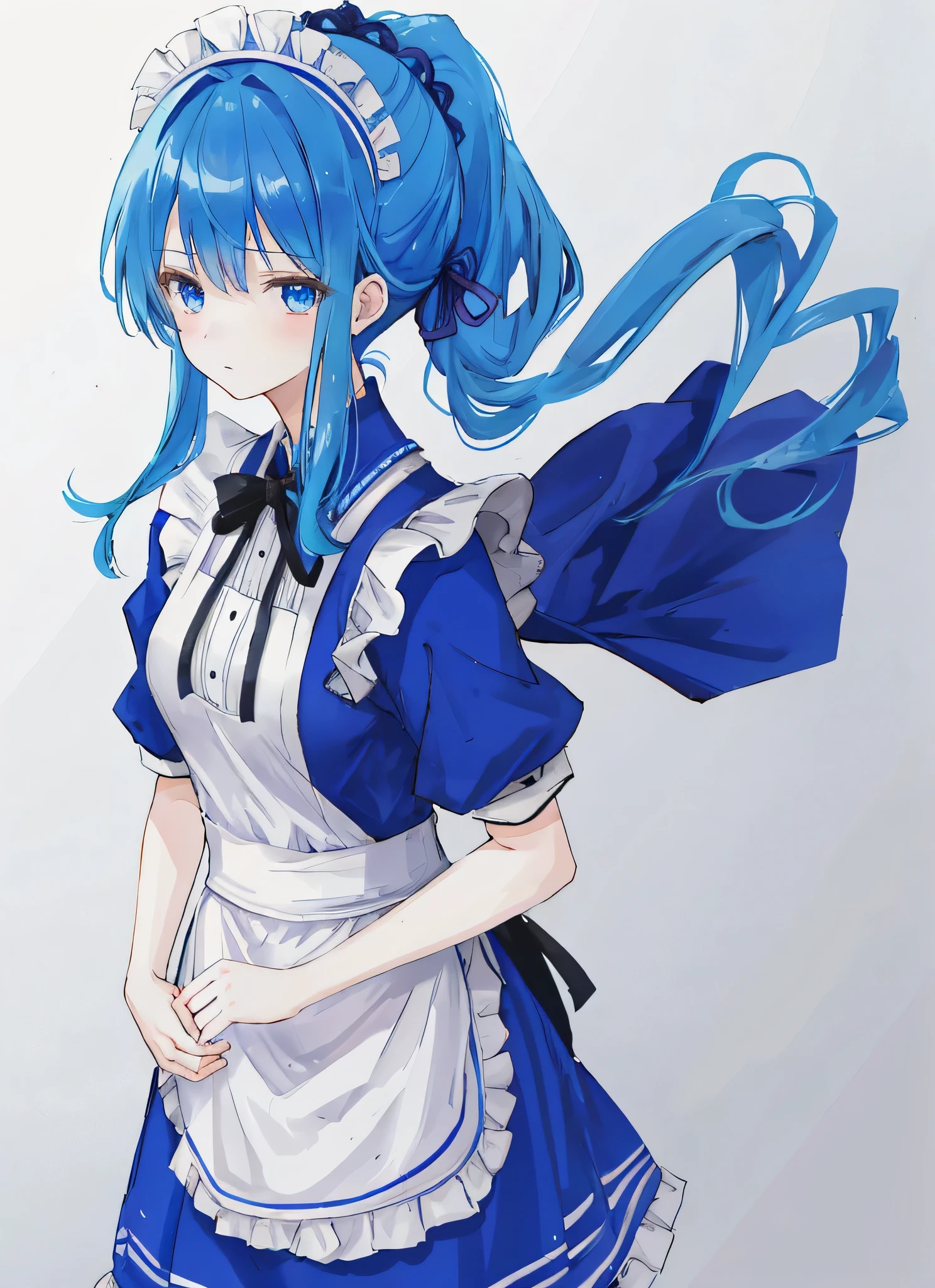 1girl, medium hair, ponytail hair, blue eyes, blue hair, wearing maid outfit, looking at viewer, full body, height 160cm, simple background, high res, ultrasharp, 8k, masterpiece, mature face
