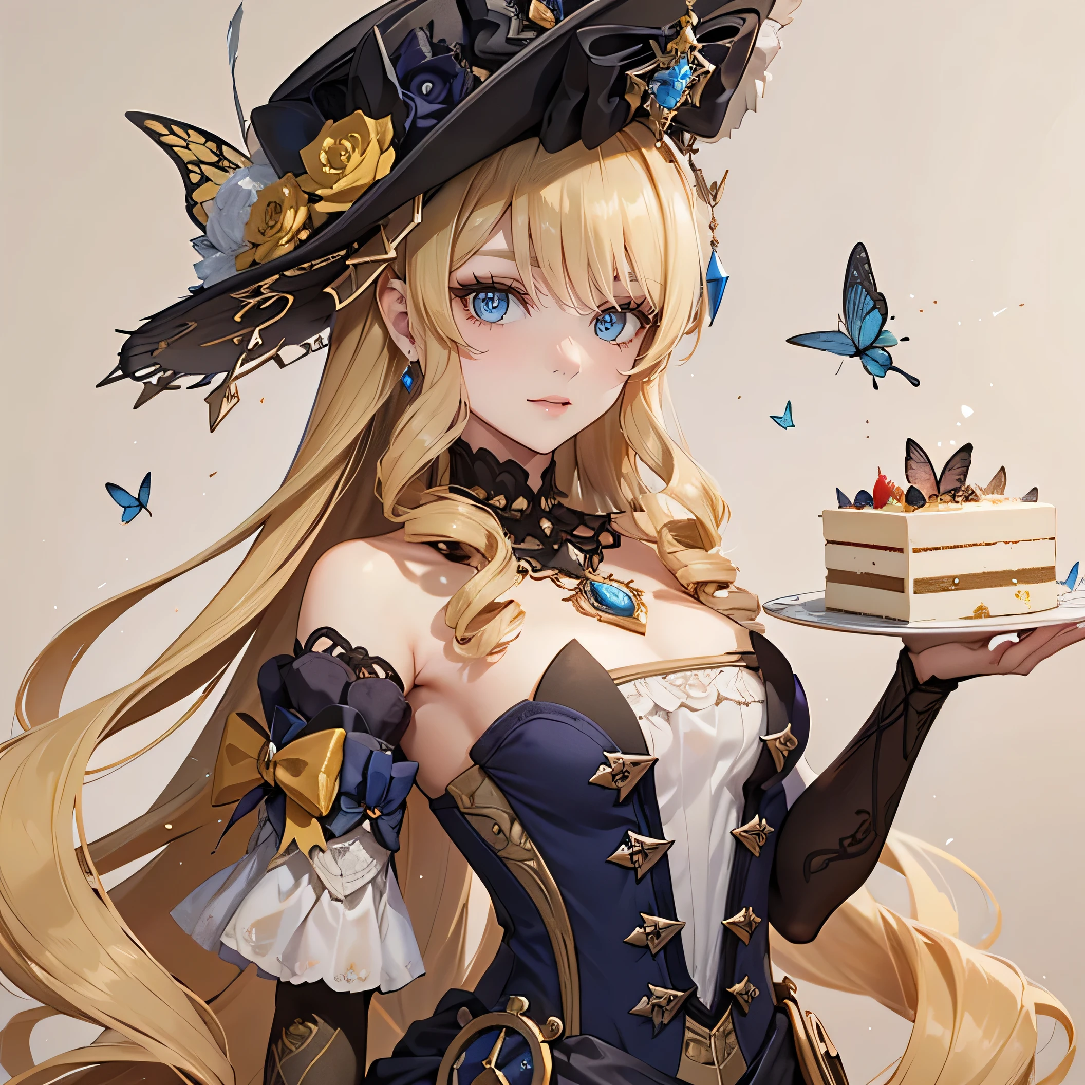 The girl has beautifully detailed eyes and a kind smile on her face... The girl holds a plate with cake in her hand..........butterflies fly on a beige background many yellow flowers in steampunk style .... The work must be of the highest quality.., be a masterpiece, and have high resolution details.,Girl up to the waist