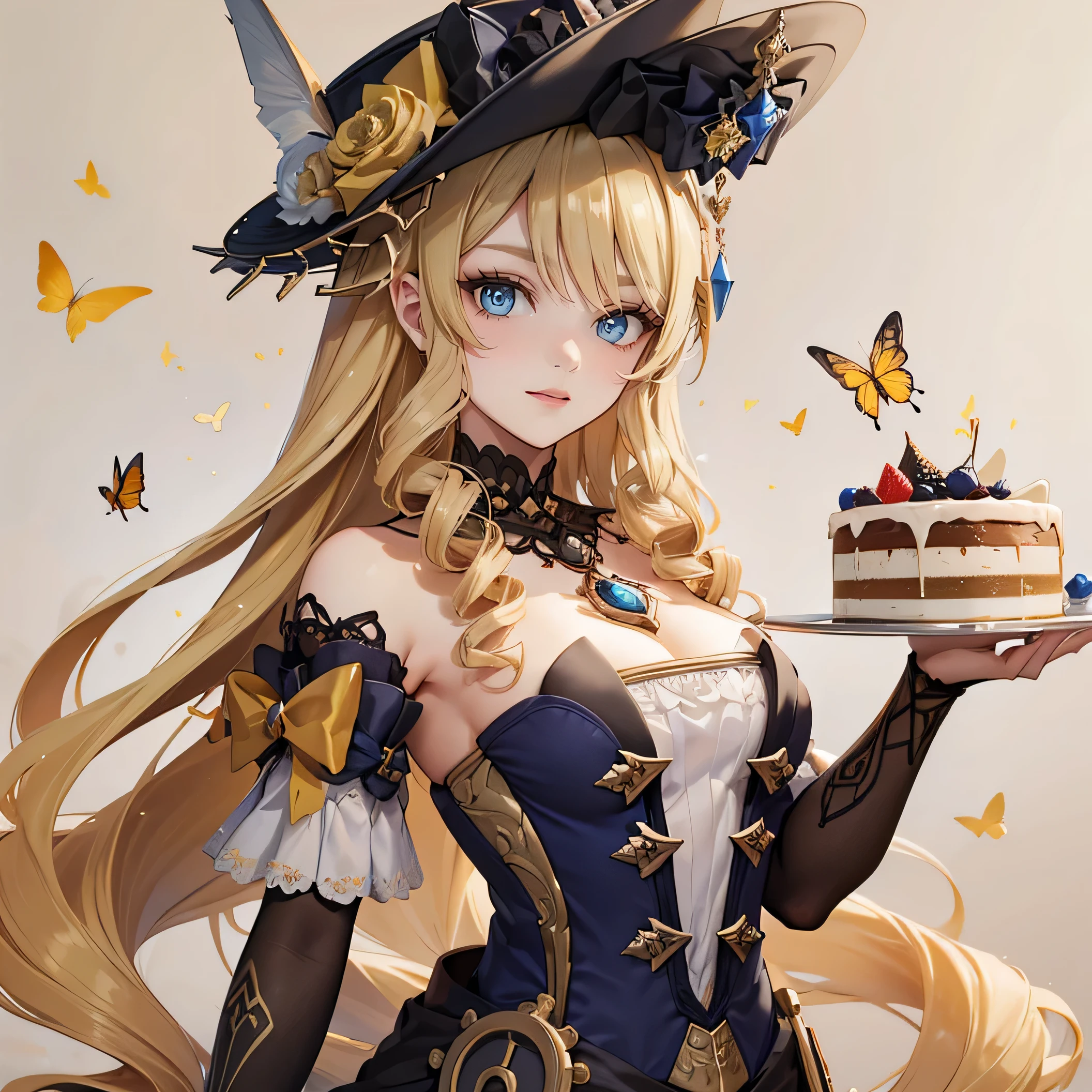 The girl has beautifully detailed eyes and a kind smile on her face....... The girl holds a plate with cake in her hand............butterflies fly on a beige background many yellow flowers in steampunk style .... The work must be of the highest quality.., be a masterpiece, and have high resolution details.,Girl up to the waist