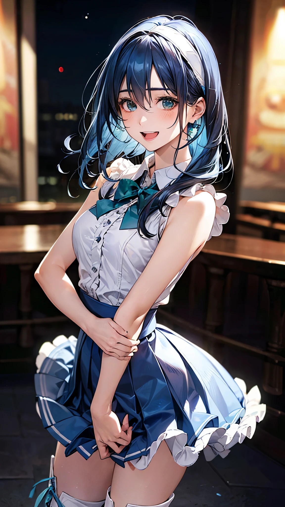 (masterpiece:1.3, top-quality), (realistic, photorealistic:1.4), beautiful illustration, (natural side lighting, movie lighting), depth of fields,
looking at viewer, (face focus, upper body), 1 girl, japanese, (idol), high school girl, perfect face, cute and symmetrical face, shiny skin,
(long hair:1.7, straight hair:1.4, light blue hair), hair between eyes, emerald green eyes, long eye lasher, (large breasts: 0.9), slender, ((dark blue headband)),
beautiful hair, beautiful face, beautiful detailed eyes, beautiful clavicle, beautiful body, beautiful chest, beautiful thigh, beautiful legs, beautiful fingers,
((sleeveless white frill collared shirt, white boots)), blue bow tie, blue pleated skirt,
(beautiful scenery), night, (inside disco, nightclub, dancing), (lovely smile, upper eyes, open mouth small),