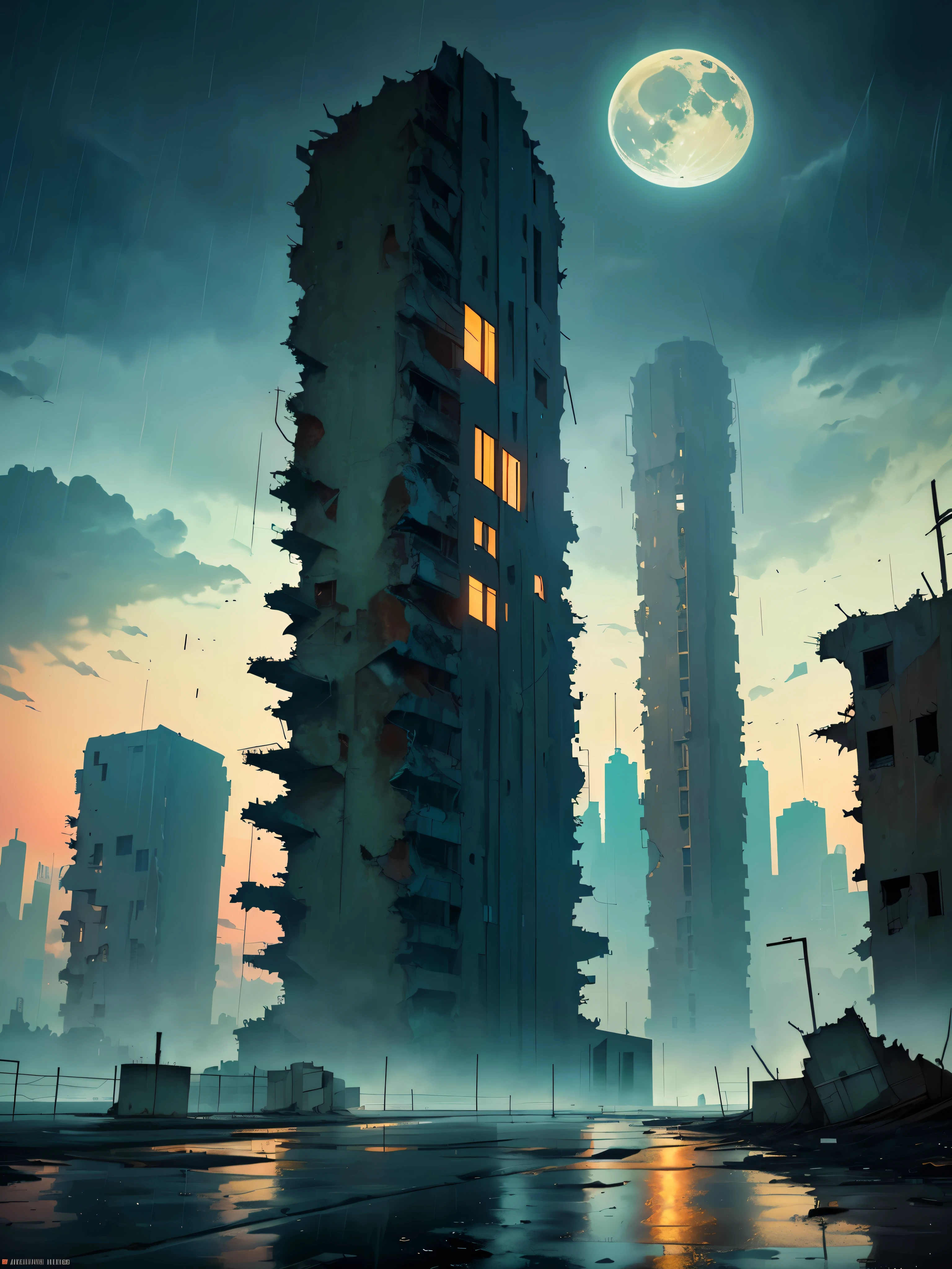 Masterpiece. 4k. high definition. View from window. old abandoned mega city. Antennas.loneliness. moon. Brutalism architecture. Post soviet ruined buildings. Old graffitis. mystery, technoir. Post apocalyptic environment. ruined tall buildings. Brutalism architecture. Water tower. rain, fog, night. wet road. Post soviet architecture. Hell.