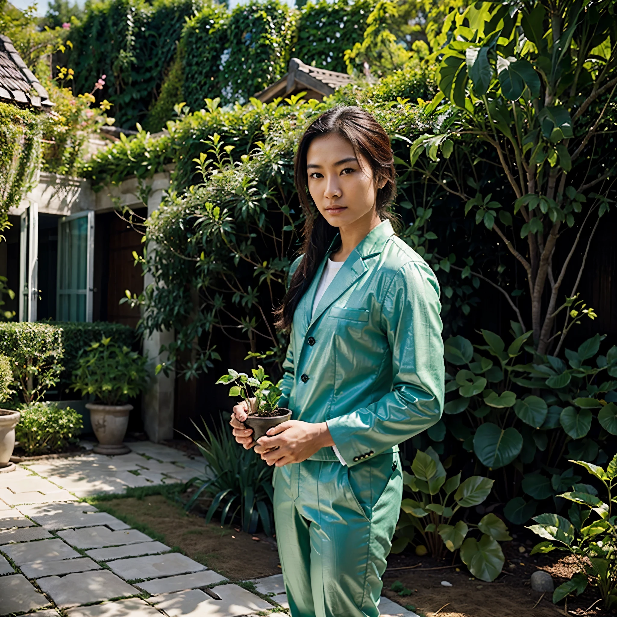 A beautiful asian skin and face, RAW photograph, 8k, hyper realistics, extreme details, gardening on the beautiful gardens, plants on the background, wearing a formal ((gardener suits)), fullbody,