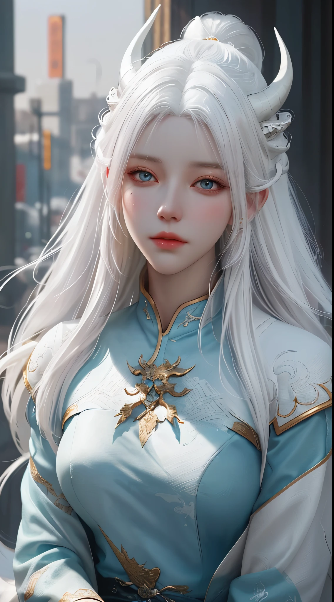 a white hair、Close-up of woman with dragon horns, beautiful figure painting, guweiz, guweiz style artwork, White-haired God, author：Yang Jie, Epic and beautiful character art, Stunning character art, author：Fan Qi, by Wuzhun Shifan, guweiz on pixiv artstation