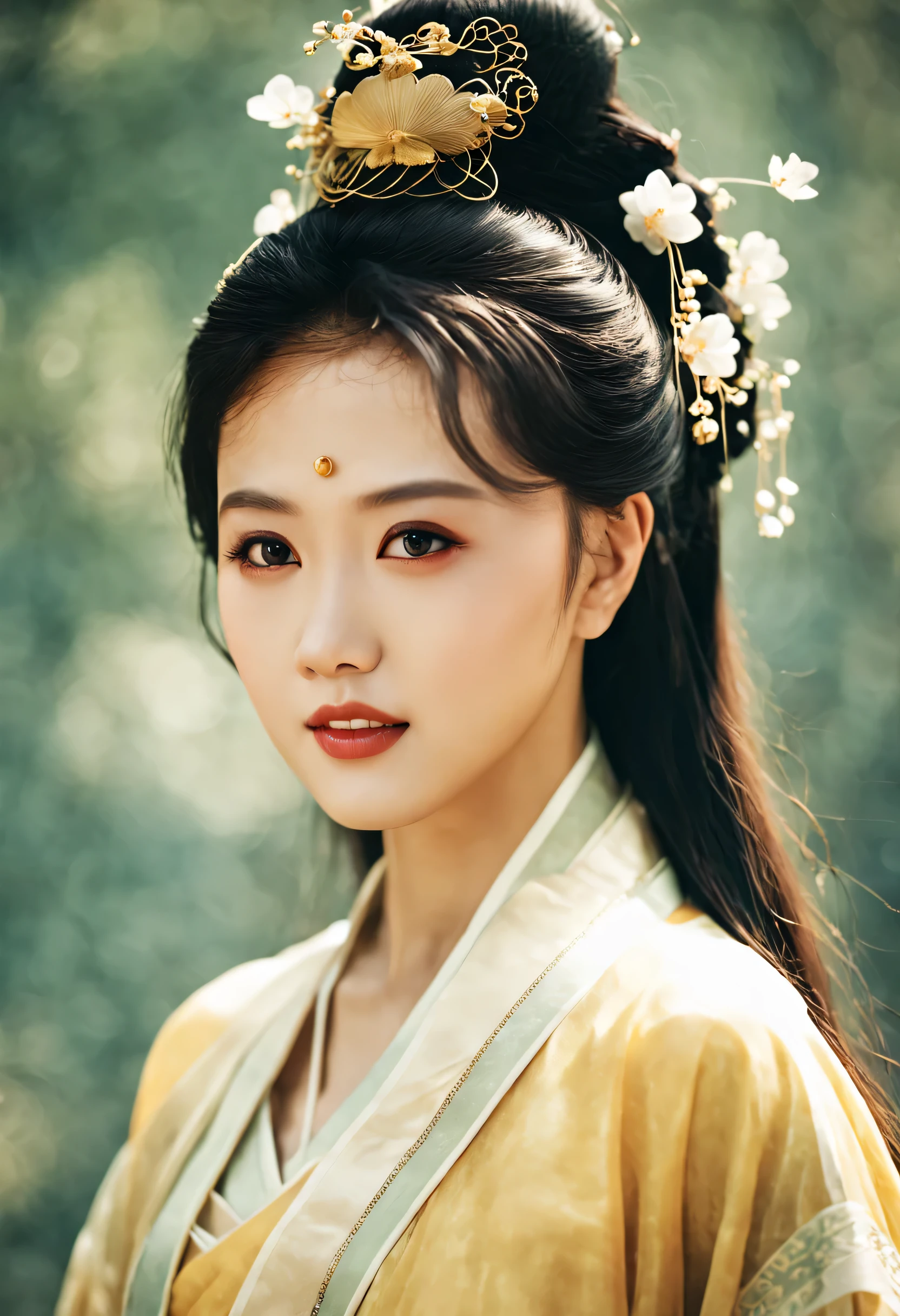 movie photos of (Masterpiece,best quality,Ultra high resolution:1.2),(Realistic photos:1.3),beautiful face,exquisite face,Look at the viewer.,
side_light,Character pictures,
1 girl,face_Point of interest,Zhou Haimei,
Hanfu,Tang style clothing,35mm photo, film, Bokeh, professional, 4k, Highly detailed